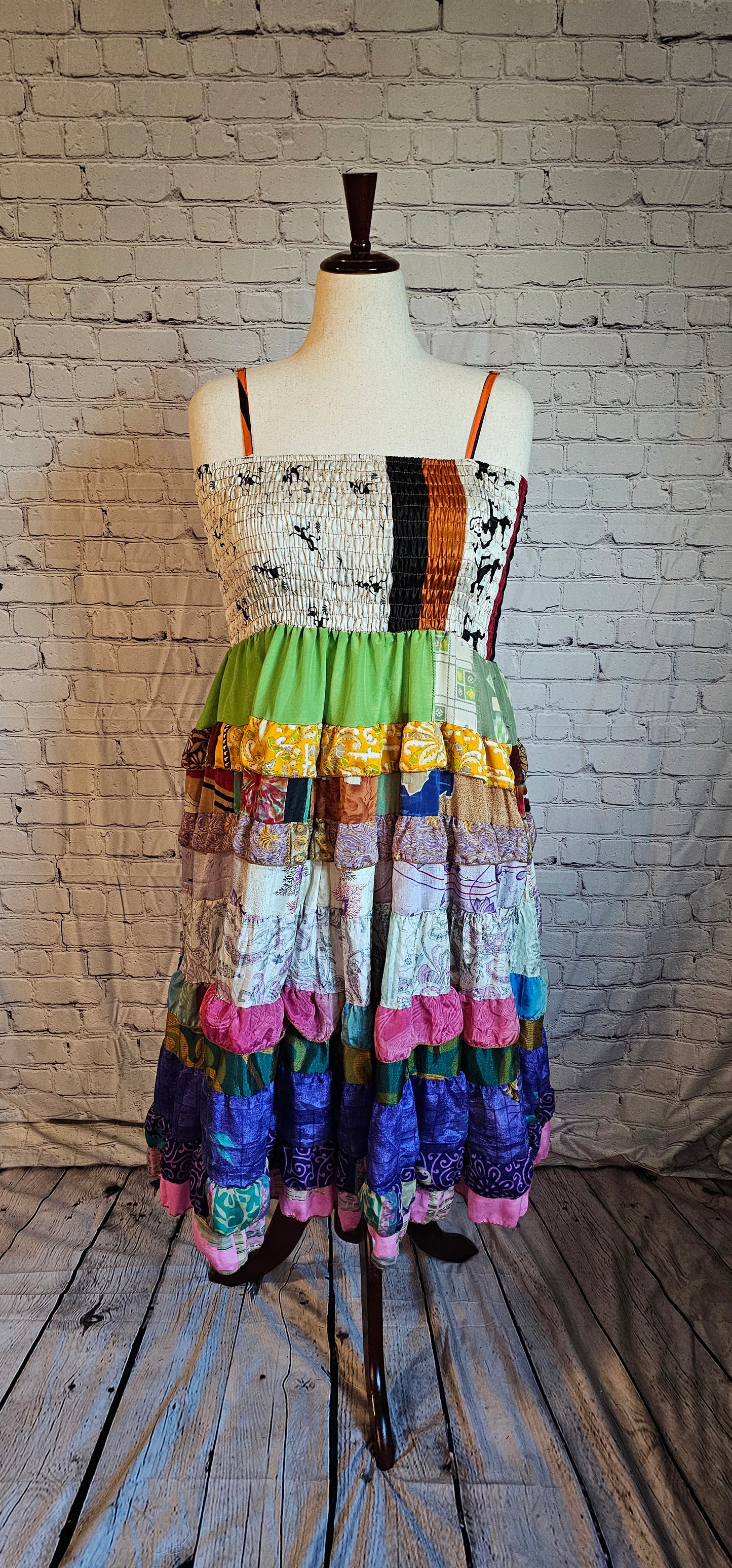 Meadowlark recycled sari patchwork dress front.