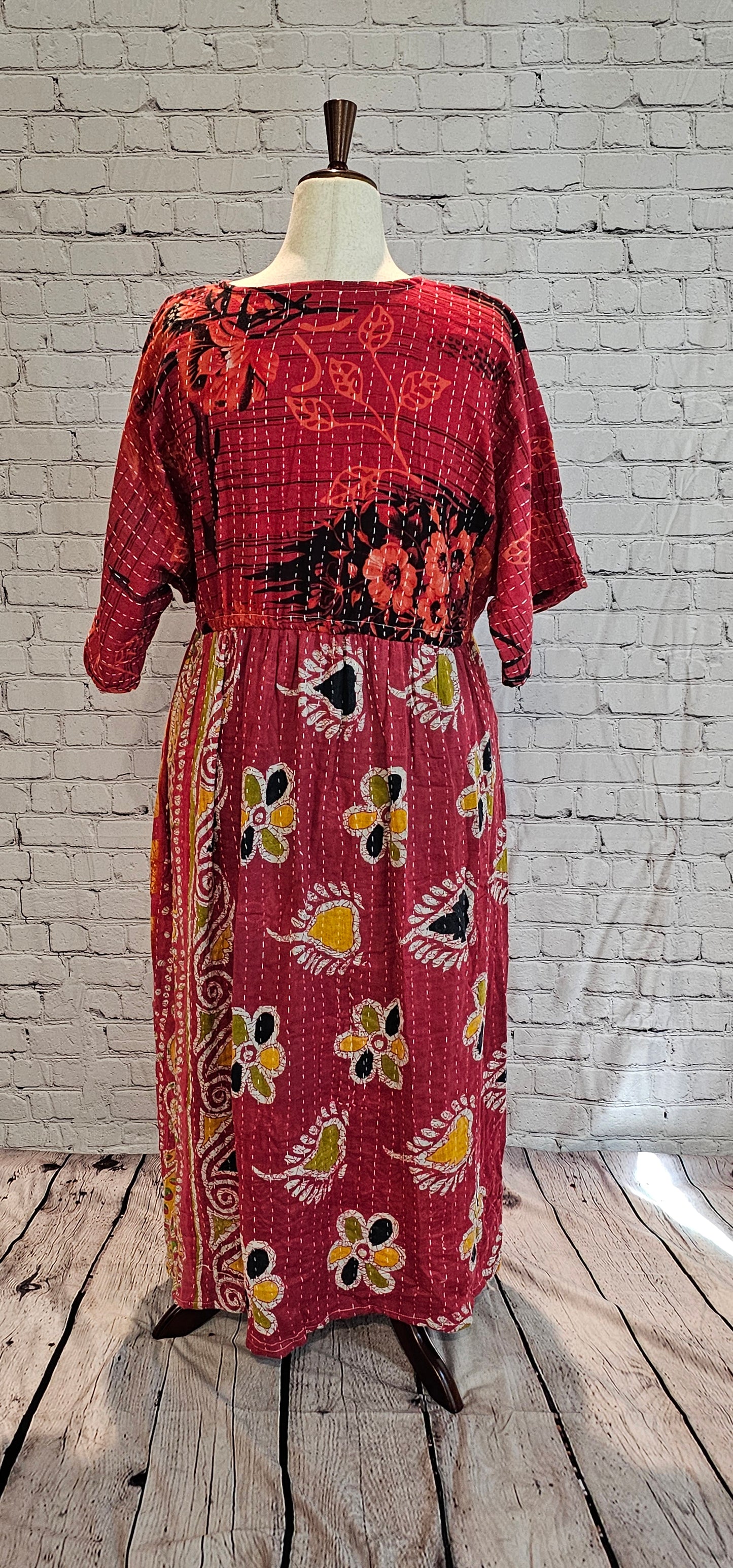 Back view of Mosswynd Kantha patchwork dress, one-of-a-kind sustainable fashion piece.