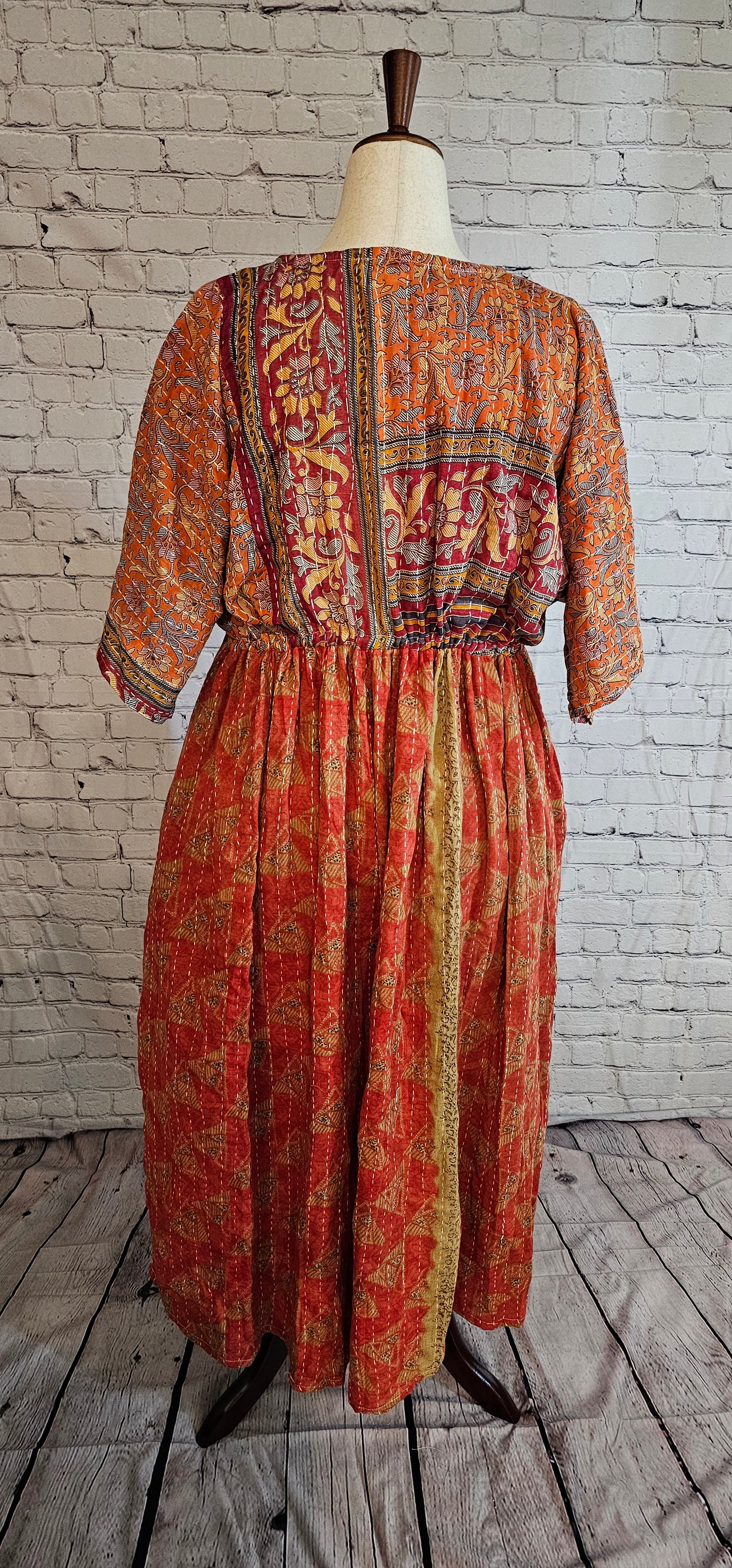 Sustainable cotton Kantha dress back for boho wardrobe, eco-conscious and handmade.