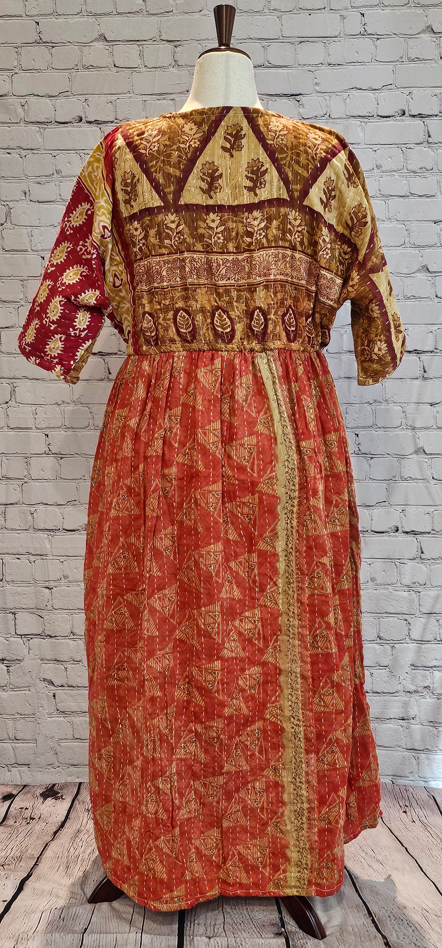 Back view of Mosswynd cotton Kantha patchwork dress, one-of-a-kind handmade sustainable fashion.