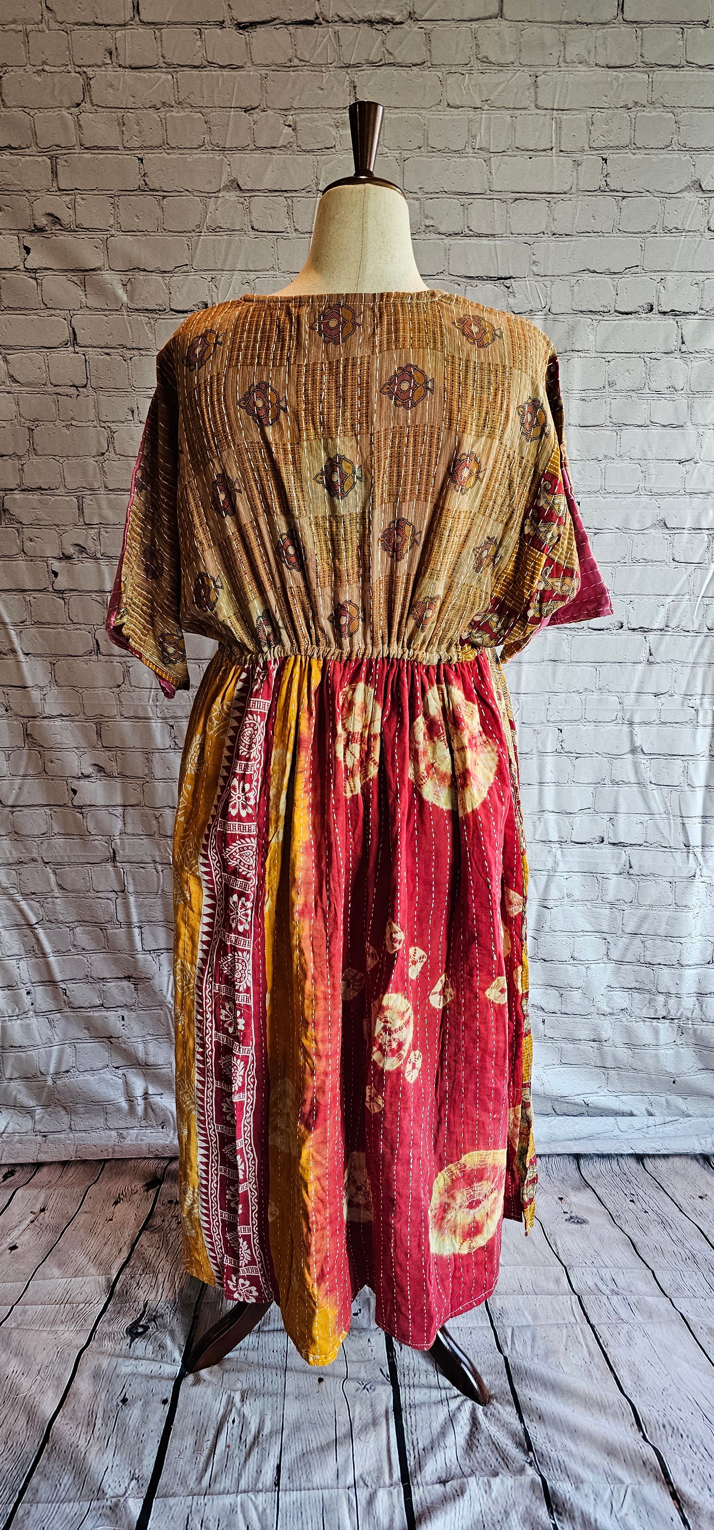 Mosswynd Kantha dress in cotton, designed for everyday bohemian style and comfort shown on mannequin.