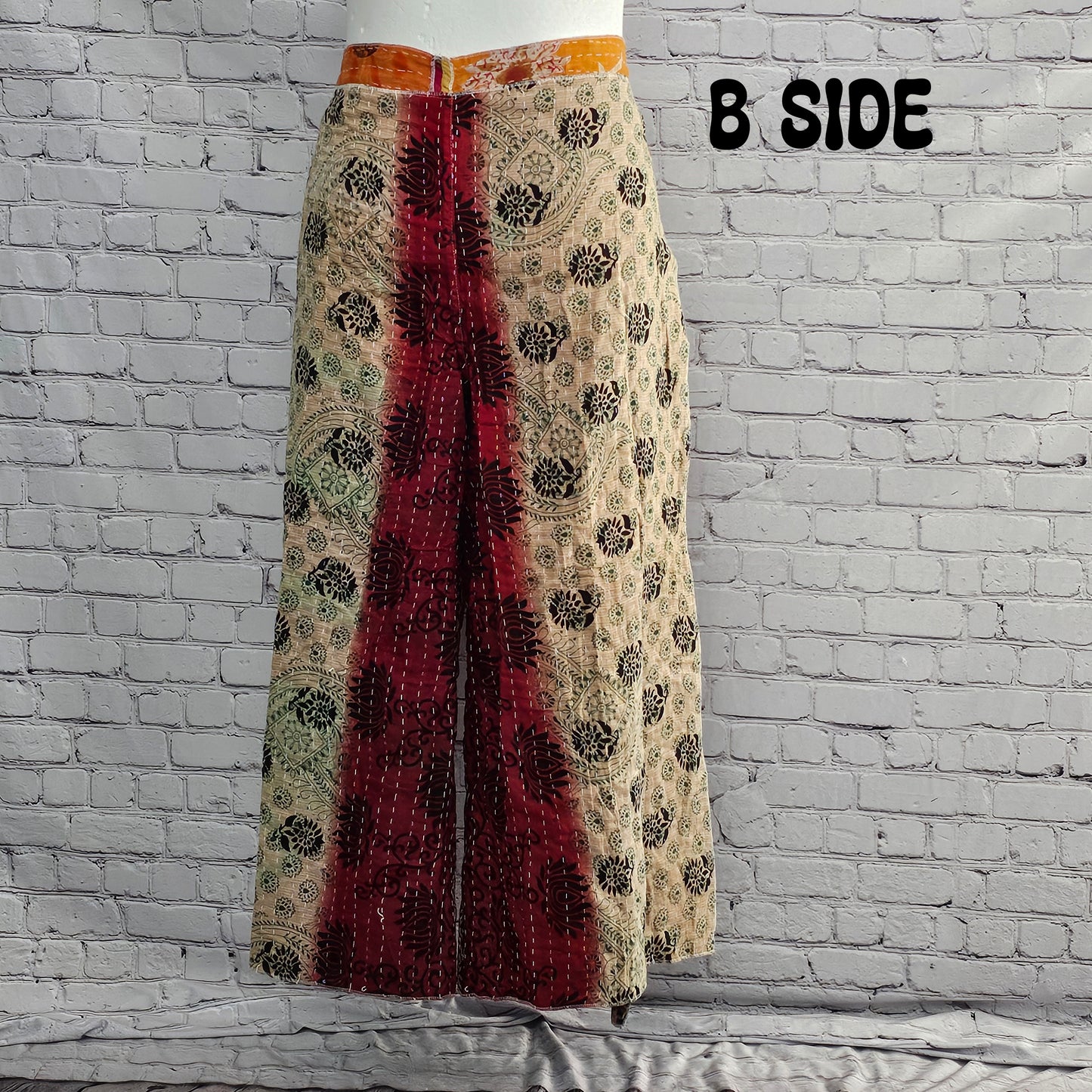 Reversible boho Kantha wrap pants, one-of-a-kind sari fabric in unisex style.