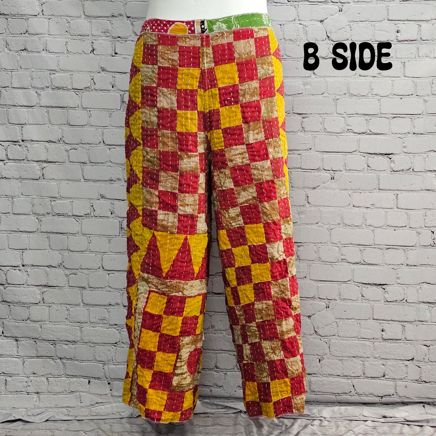 One-of-a-kind Kantha wrap pants, handmade from recycled saris, back view fit reference.
