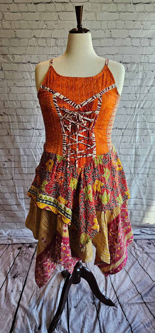 Front view of Krysta Kantha boho dress with handkerchief hem, made from recycled saris