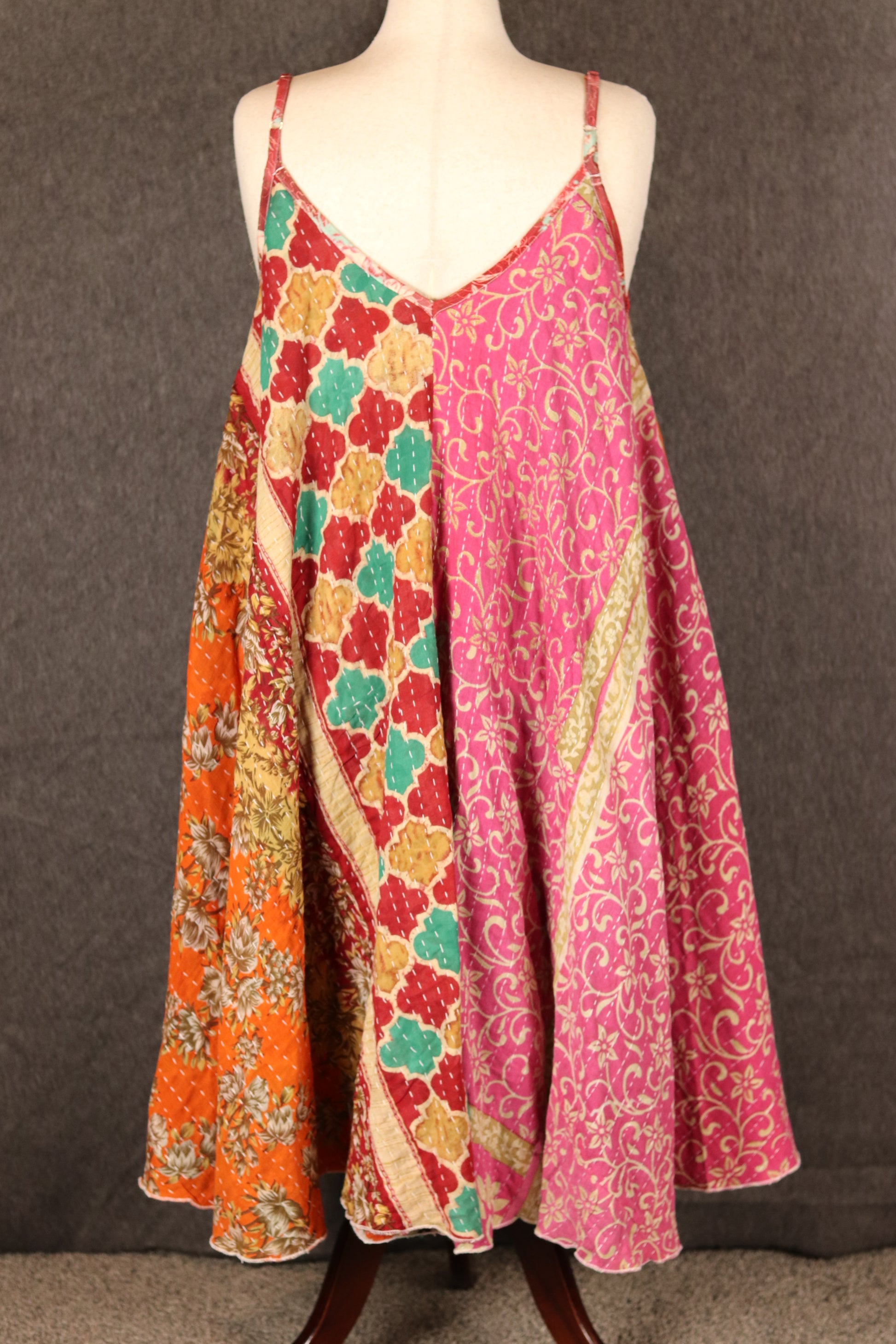 Back view of Sora Kantha boho patchwork dress, recycled sari fabrics with Kantha stitching.