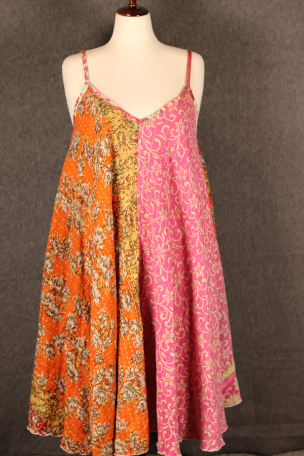 Front view of Sora Kantha boho patchwork dress, made from recycled sari fabric with Kantha stitching.