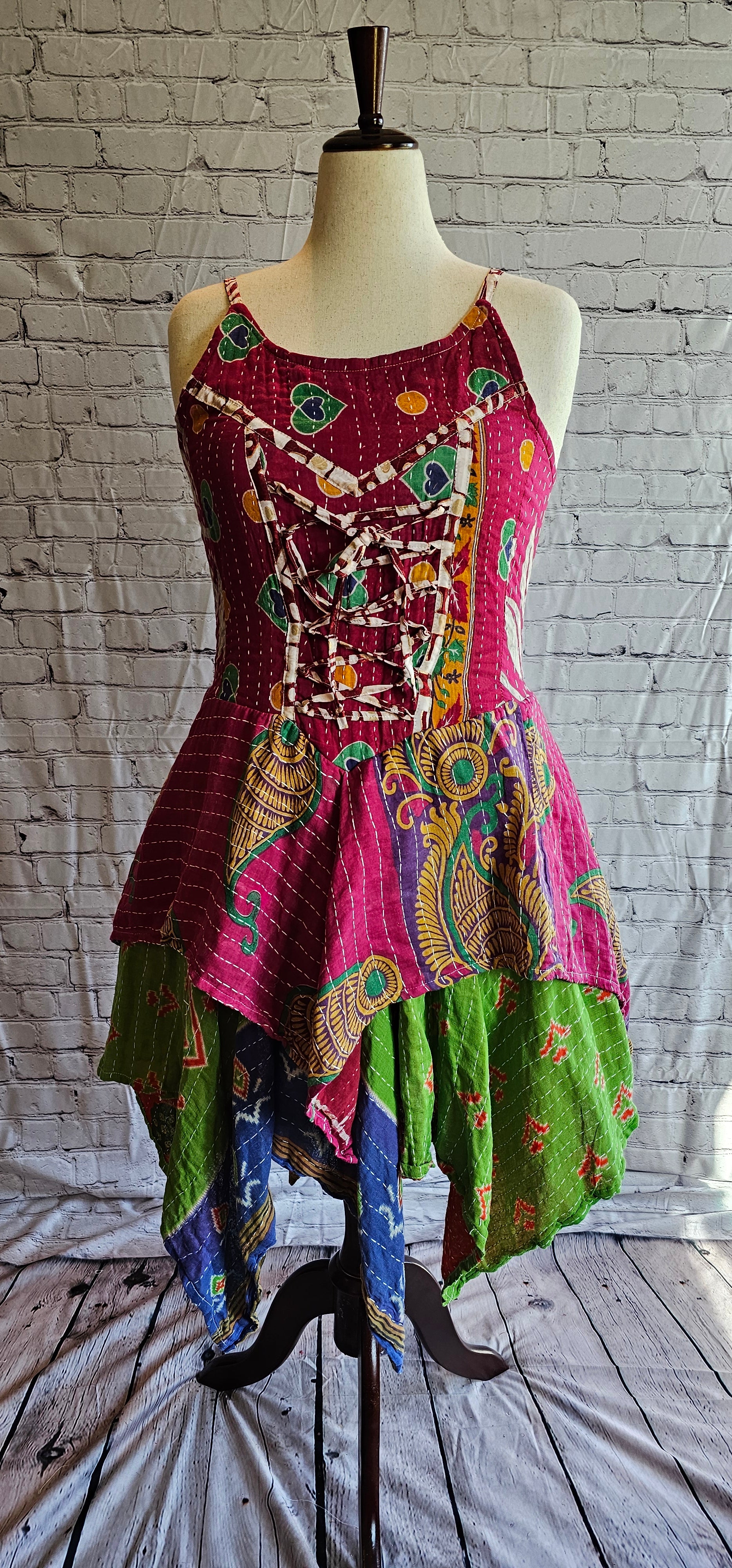 Front-facing image of Krysta boho Kantha dress, one-of-a-kind tiered skirt design.