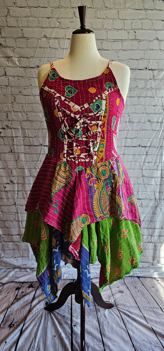 Front-facing image of Krysta boho Kantha dress, one-of-a-kind tiered skirt design.