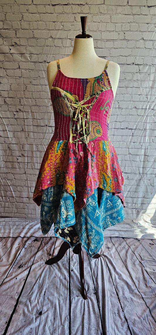 Krysta Kantha dress, front view showing bohemian patchwork and handkerchief hem.