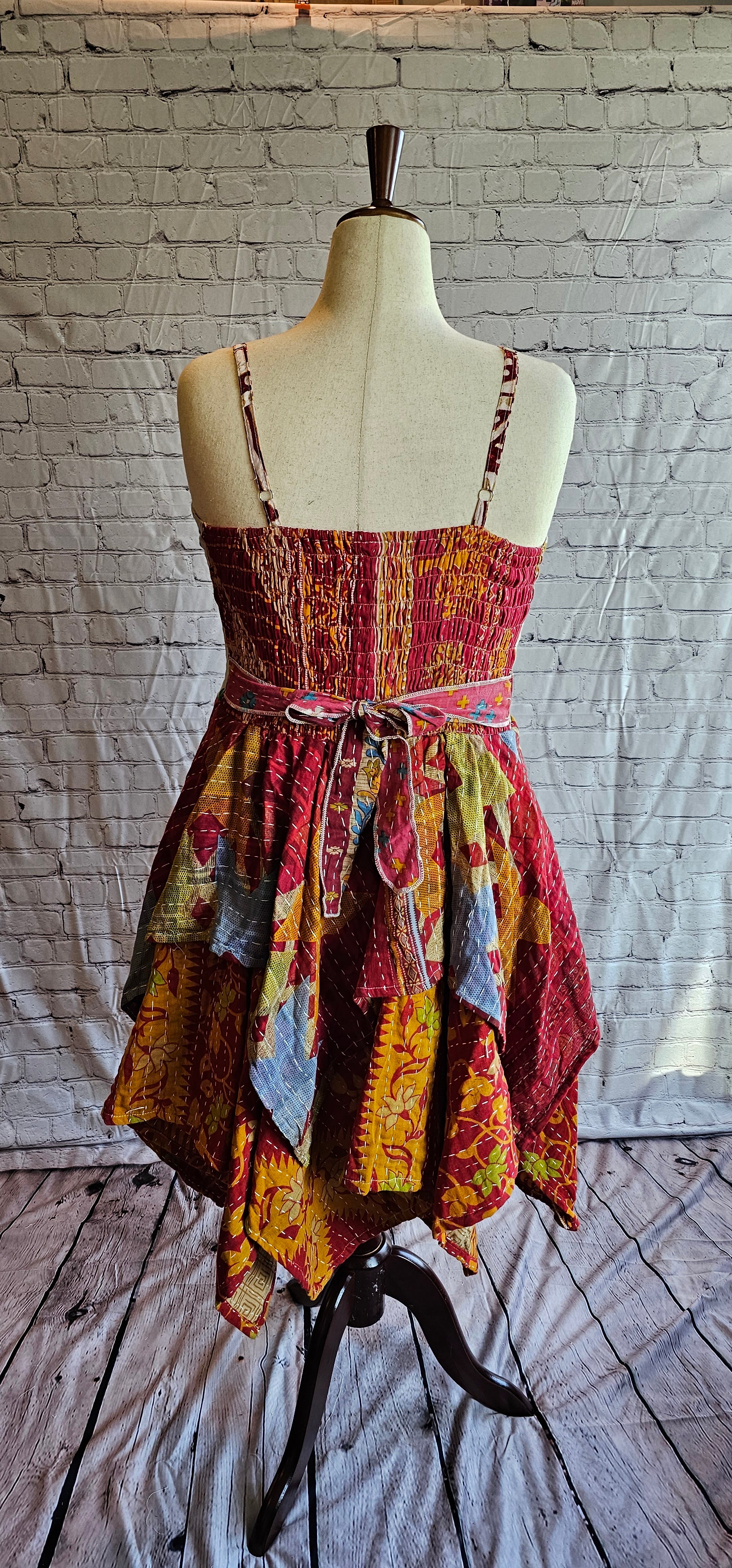 Bohemian Kantha Krysta dress back, tiered skirt design with Kantha stitching.