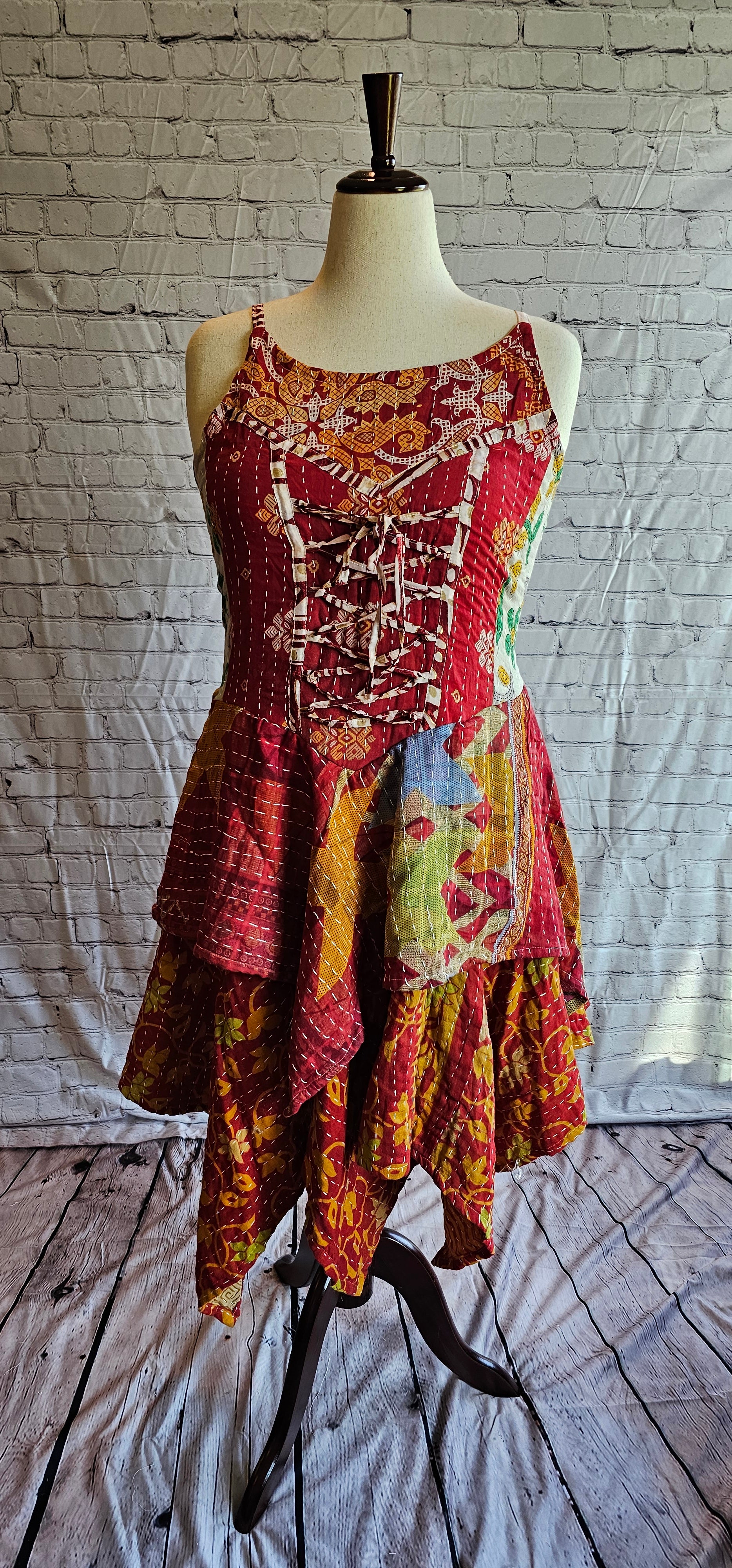 Bohemian Kantha Krysta dress front, tiered skirt patchwork design