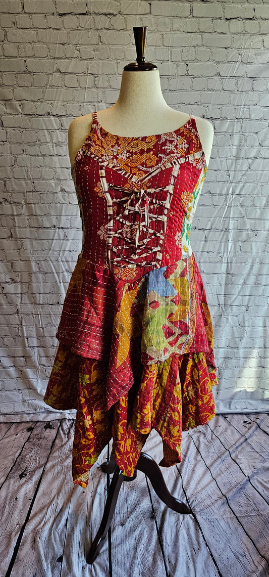 Bohemian Kantha Krysta dress front, tiered skirt patchwork design