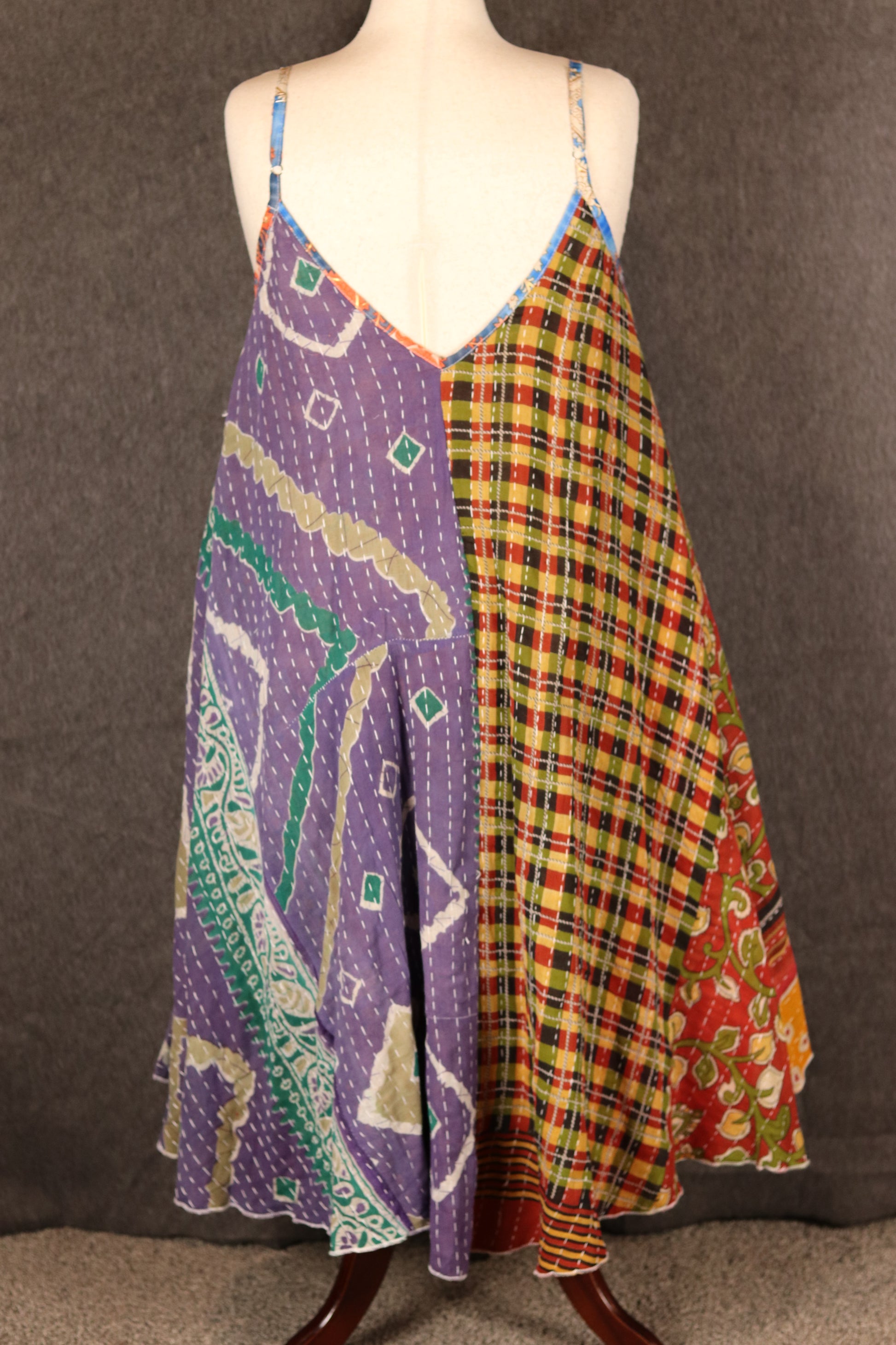 Sora Kantha dress, back view showing patchwork design and flowy cut.
