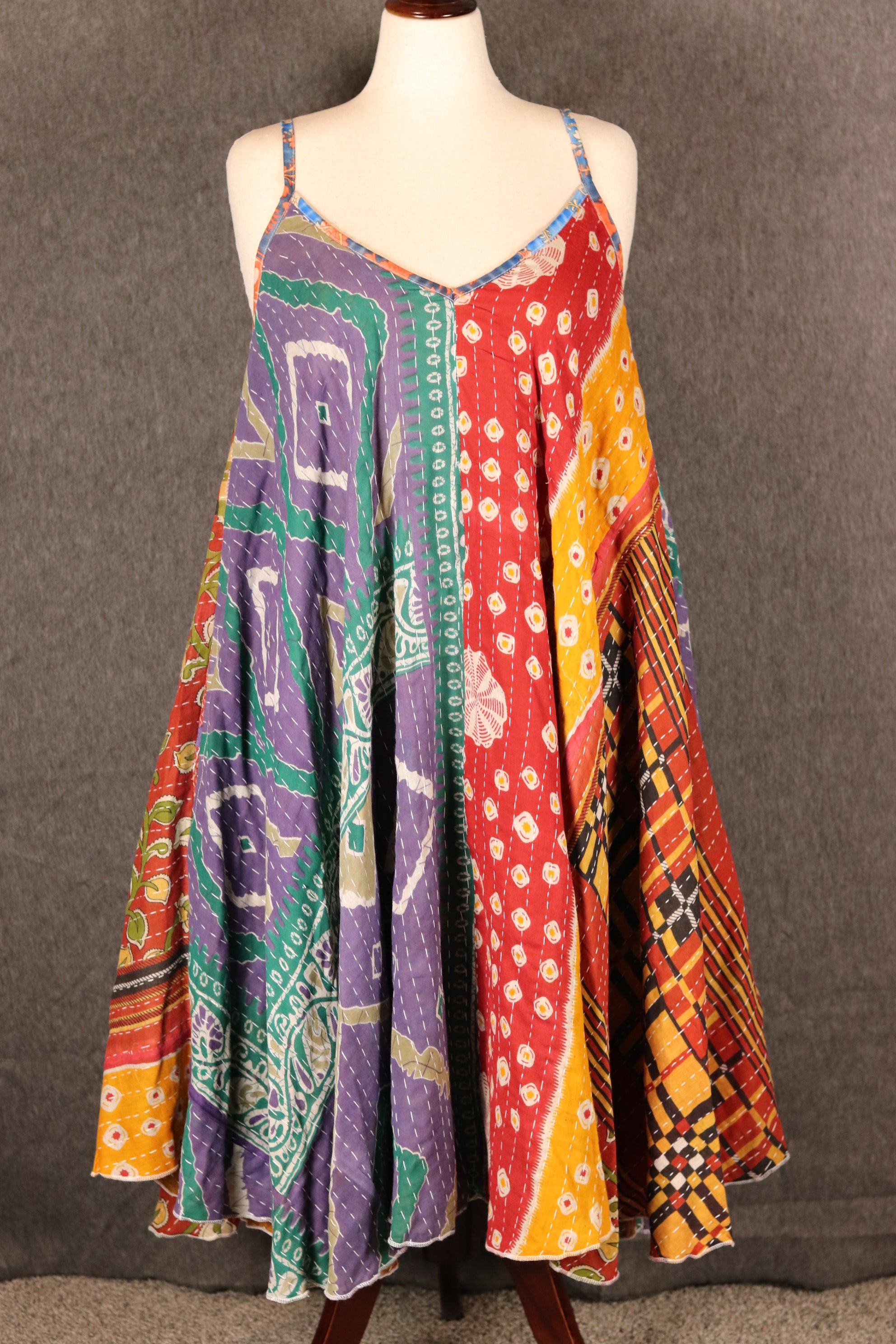 Sora bohemian Kantha dress, front view with colorful patchwork design.
