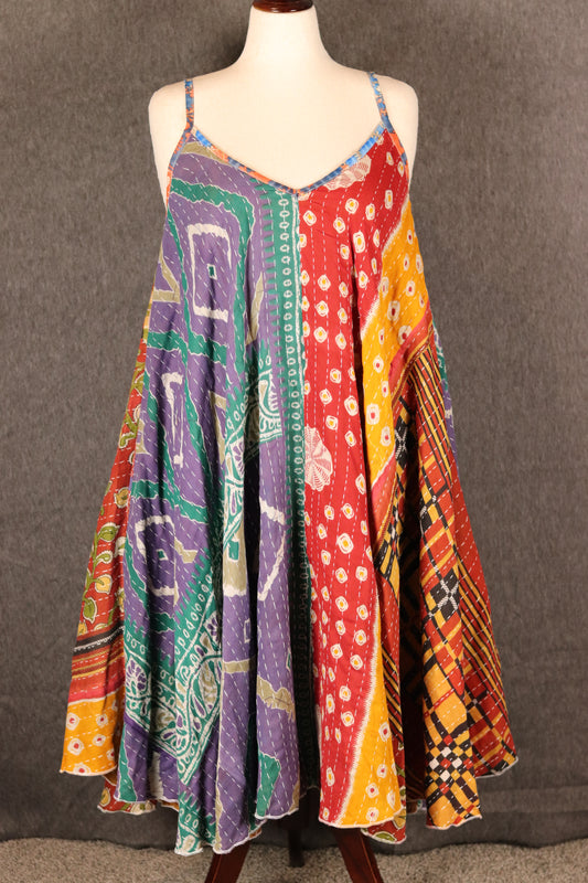 Sora bohemian Kantha dress, front view with colorful patchwork design.
