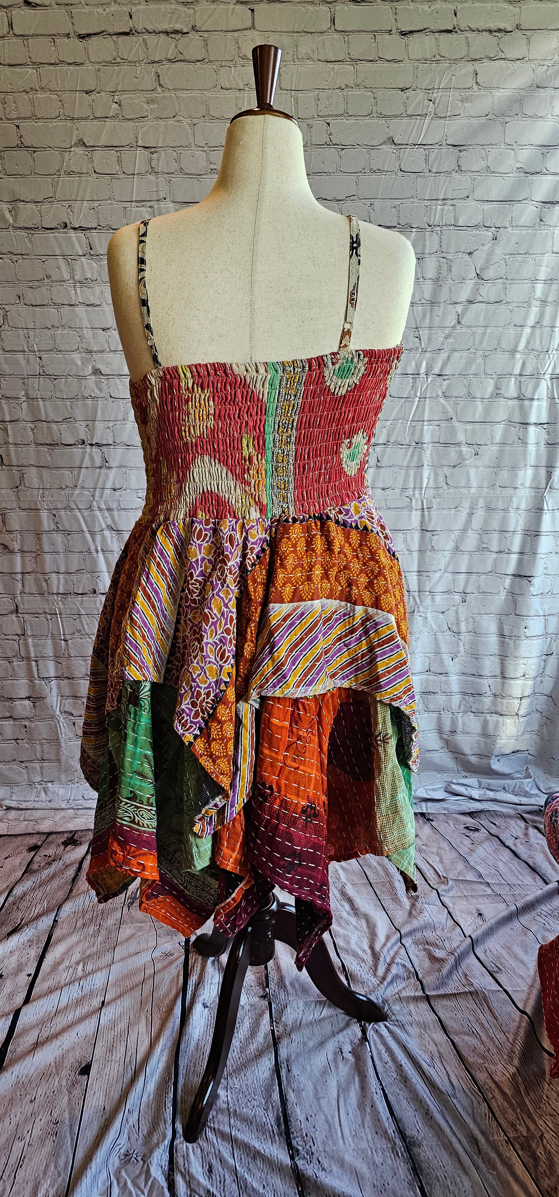 Krysta patchwork Kantha dress back view, one-of-a-kind boho fashion in handkerchief hem