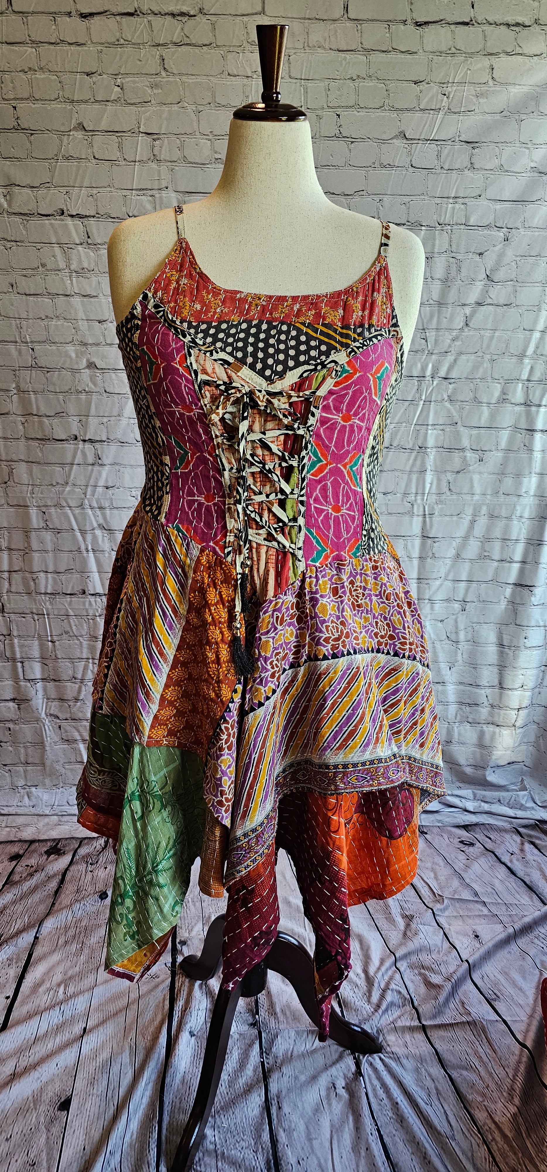 Krysta patchwork Kantha dress front view, sustainable boho style with flowing handkerchief hem