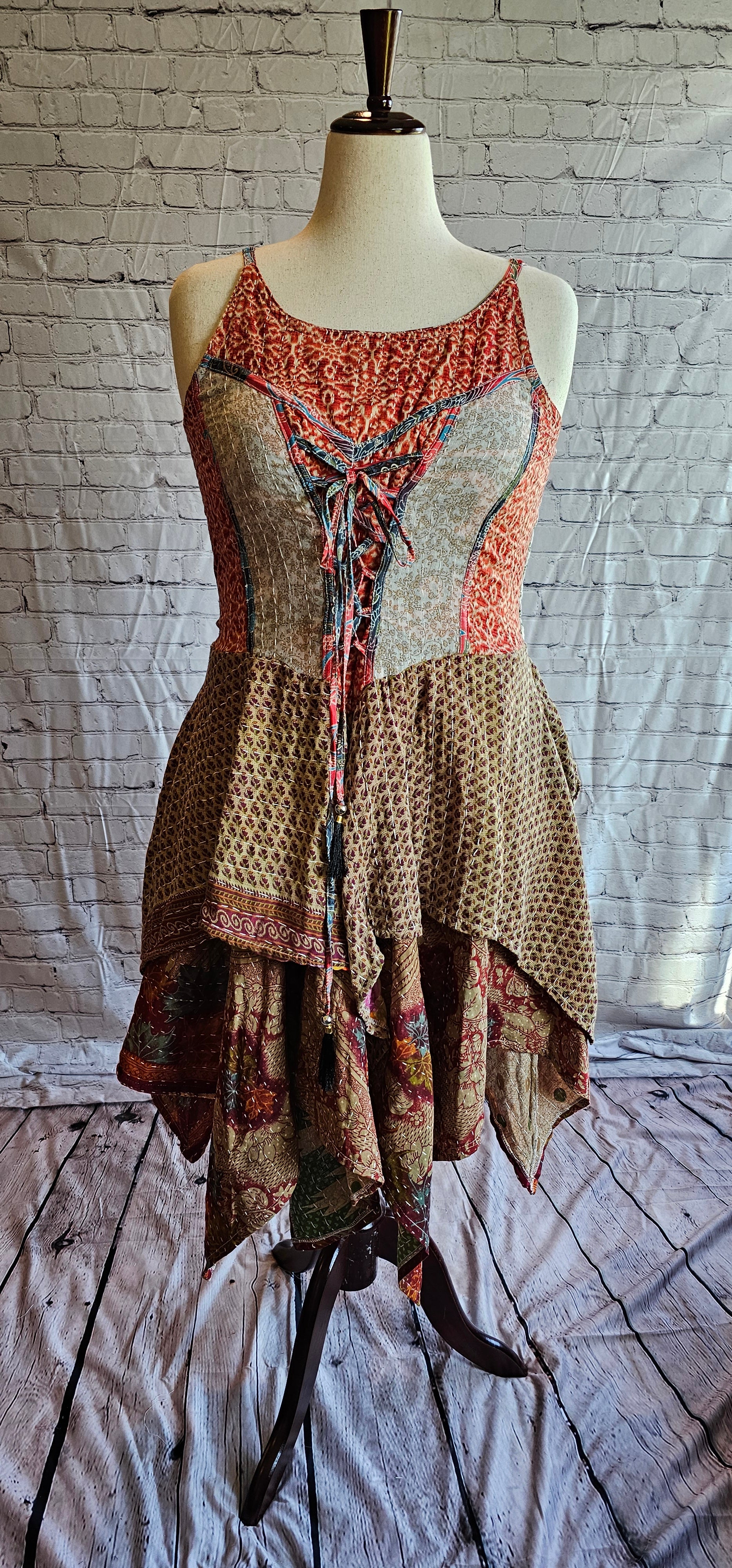Front-facing image of Krysta boho Kantha dress, one-of-a-kind tiered skirt design