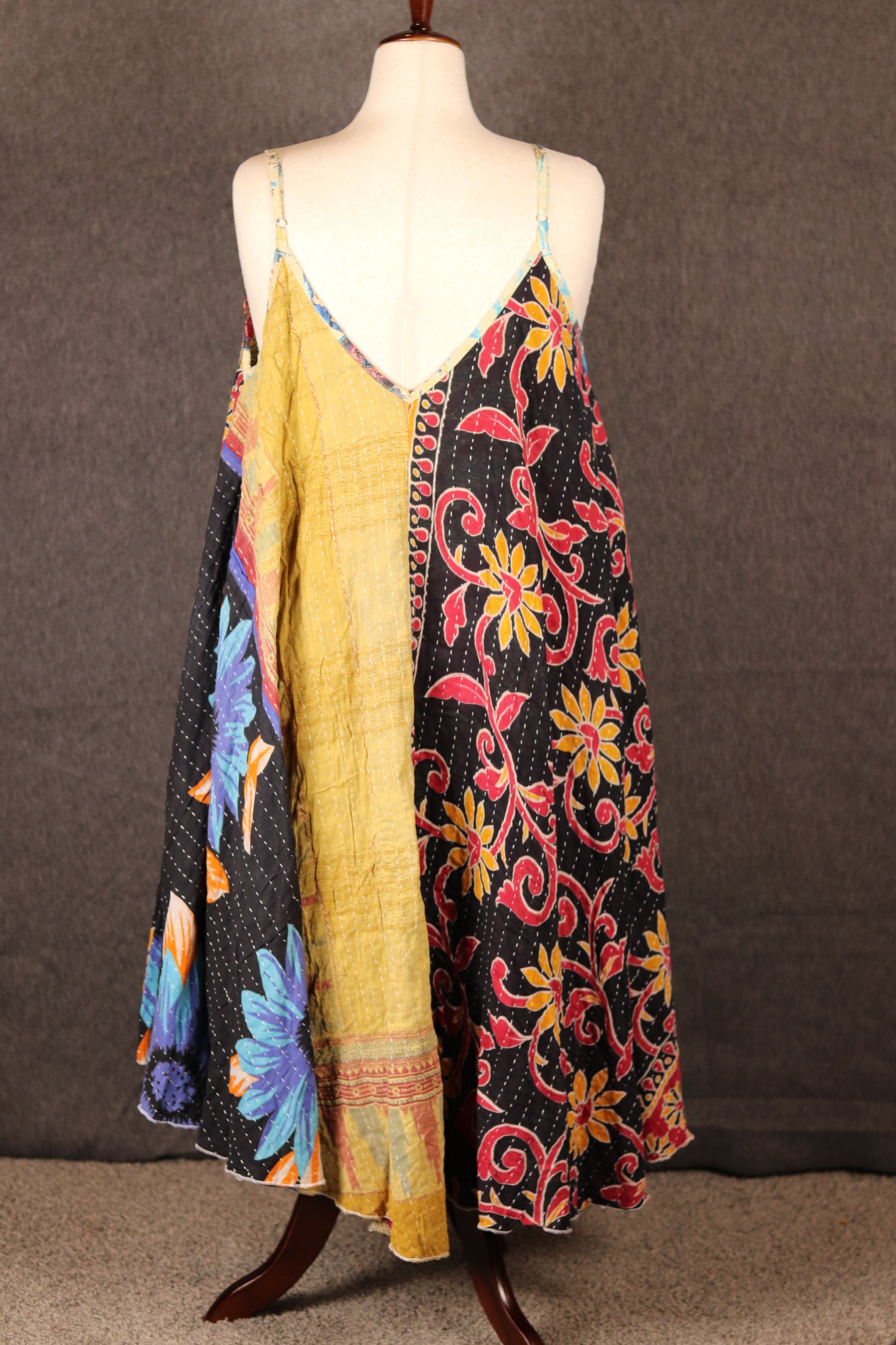 Boho Sora Kantha dress back view, made from recycled sari textiles with Kantha embroidery.
