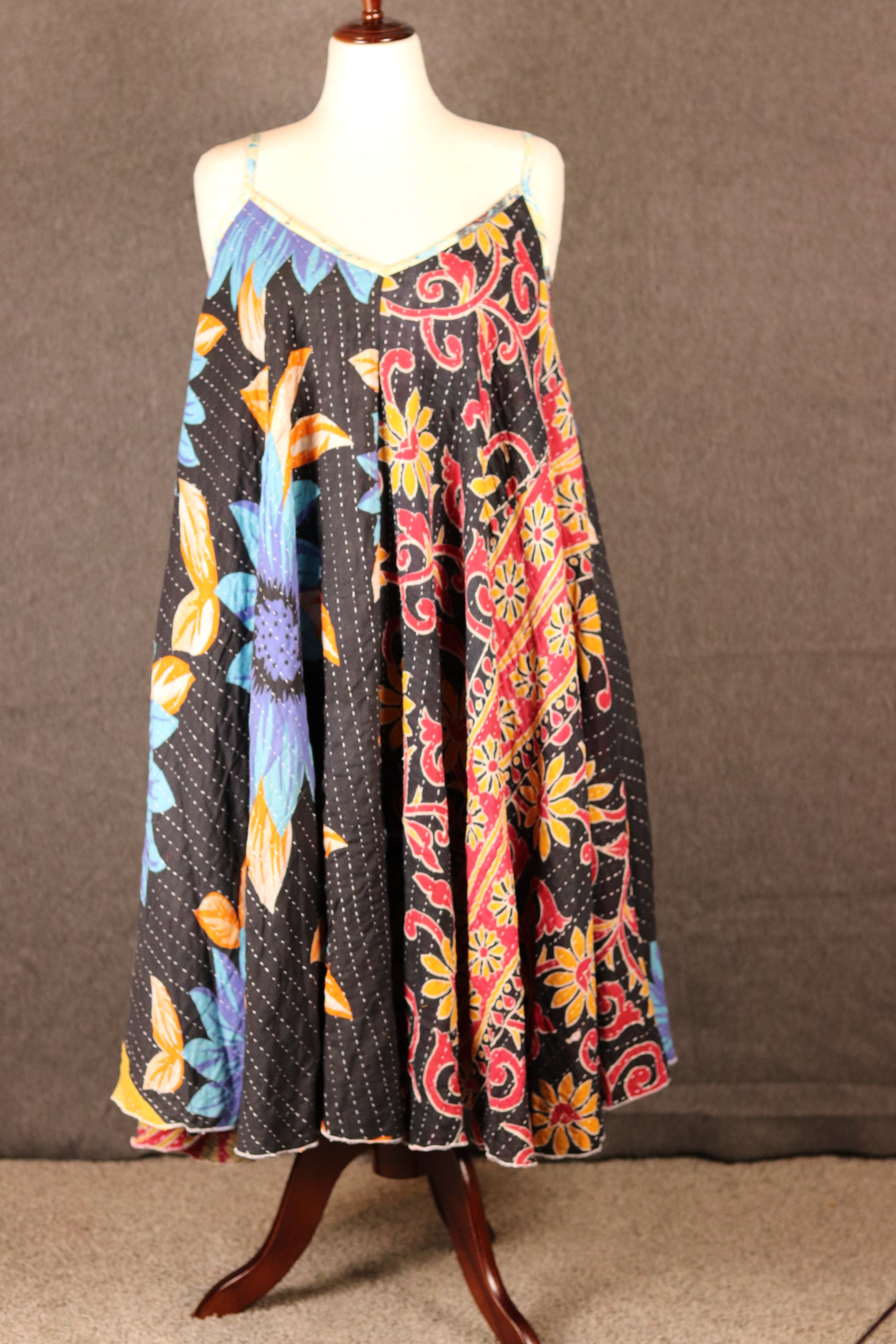 Boho Sora Kantha dress front view, sustainable patchwork design with flowing silhouette.
