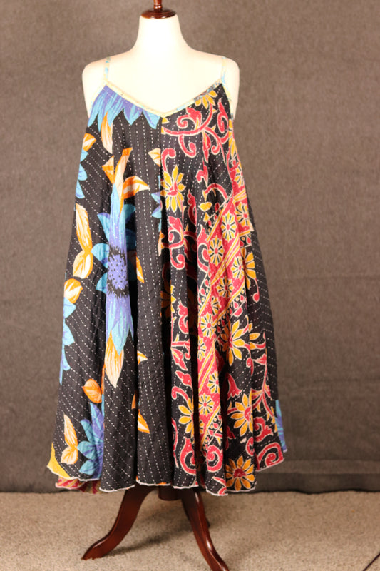 Boho Sora Kantha dress front view, sustainable patchwork design with flowing silhouette.
