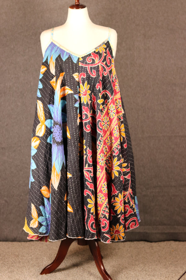 Boho Sora Kantha dress front view, sustainable patchwork design with flowing silhouette.
