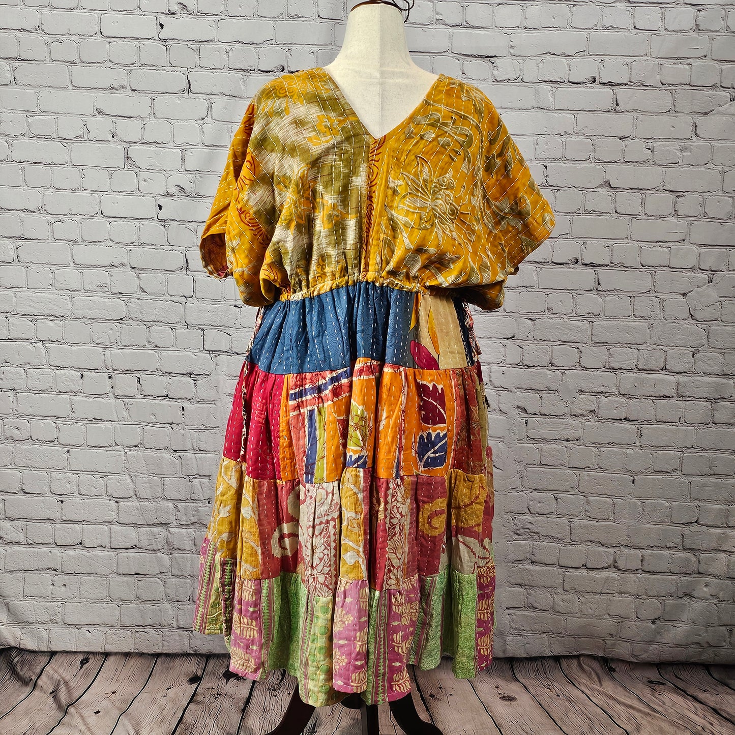 Mustard-gold Twillow Kantha Midi Dress with multicolor plum, pink, cream, and green patchwork skirt featuring Kantha stitching.