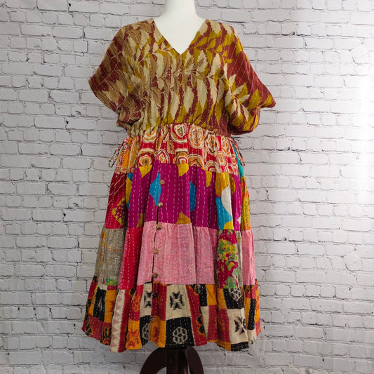 Twillow Autumn Mosaic Kantha Midi Dress with earthy brown top and multicolor patchwork skirt featuring traditional Kantha stitching.