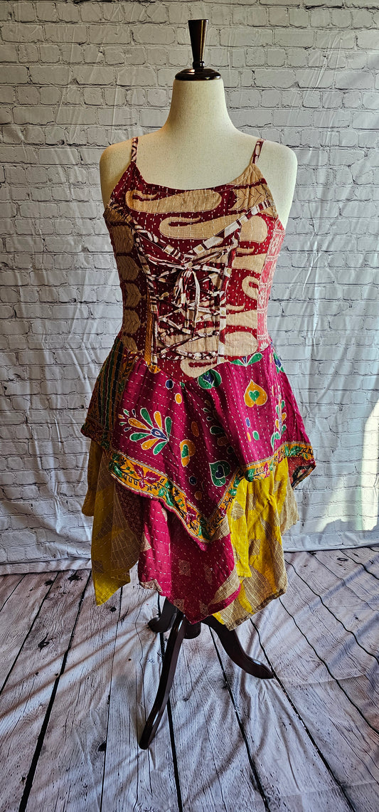 Krysta Kantha dress, front view showing bohemian patchwork and handkerchief hem
