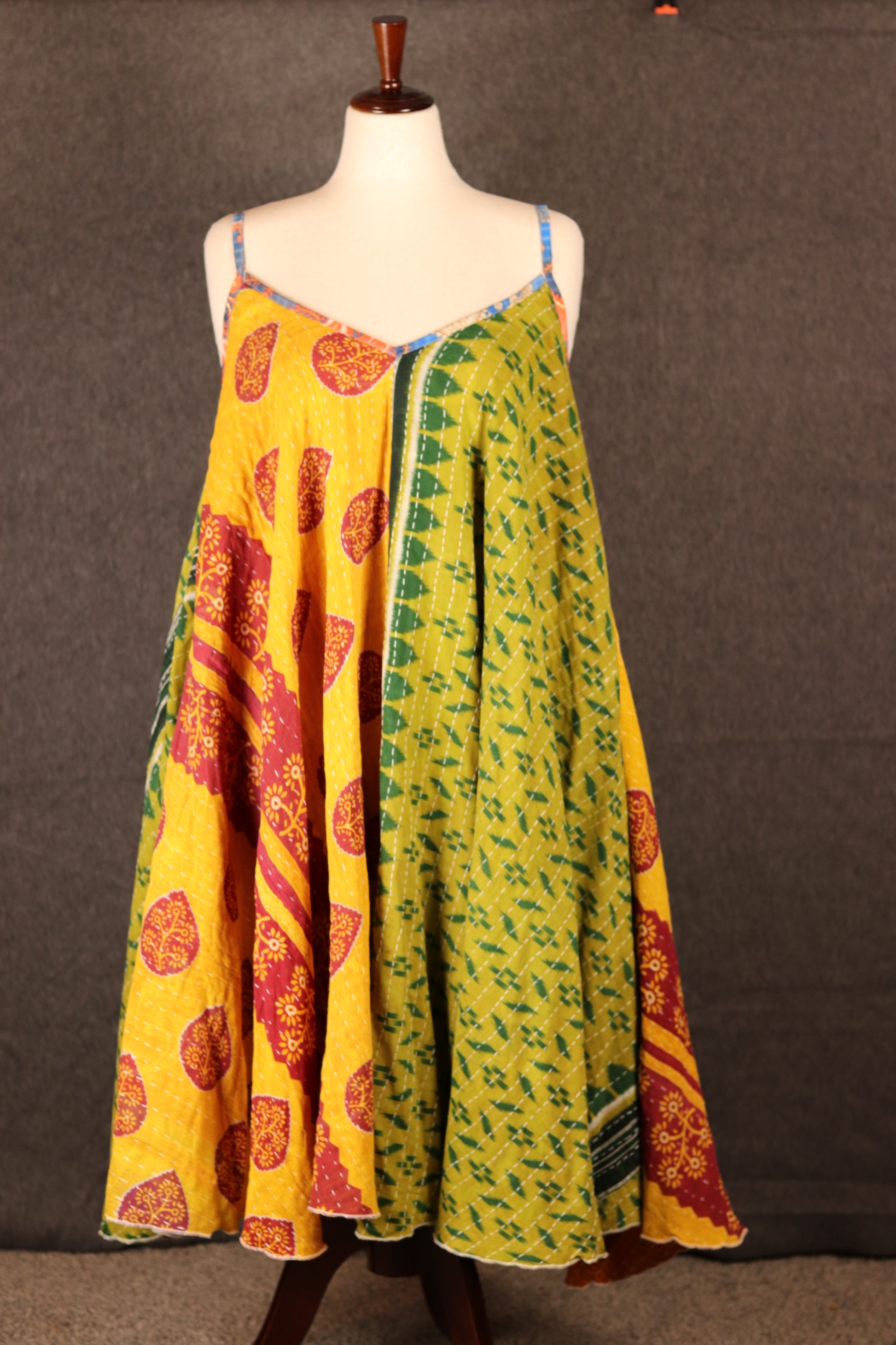 Sora Kantha dress front display, free-size bohemian dress with traditional Kantha stitching.