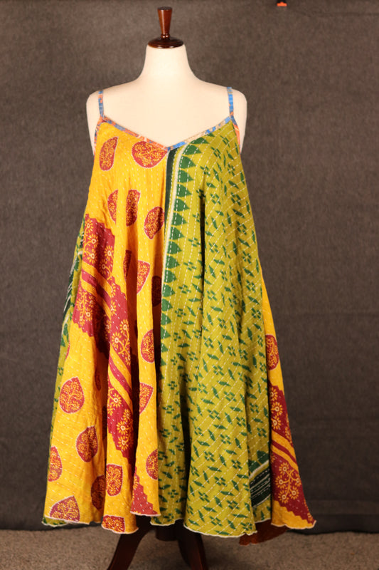 Sora Kantha dress front display, free-size bohemian dress with traditional Kantha stitching.