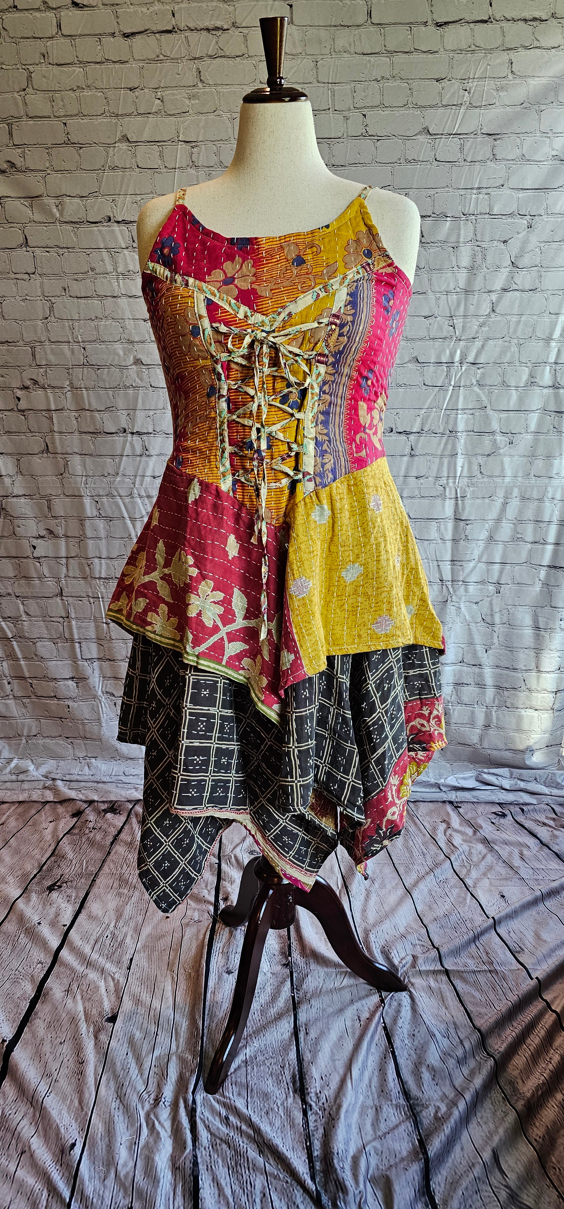 Front view of Krysta Kantha boho dress with handkerchief hem, made from recycled saris