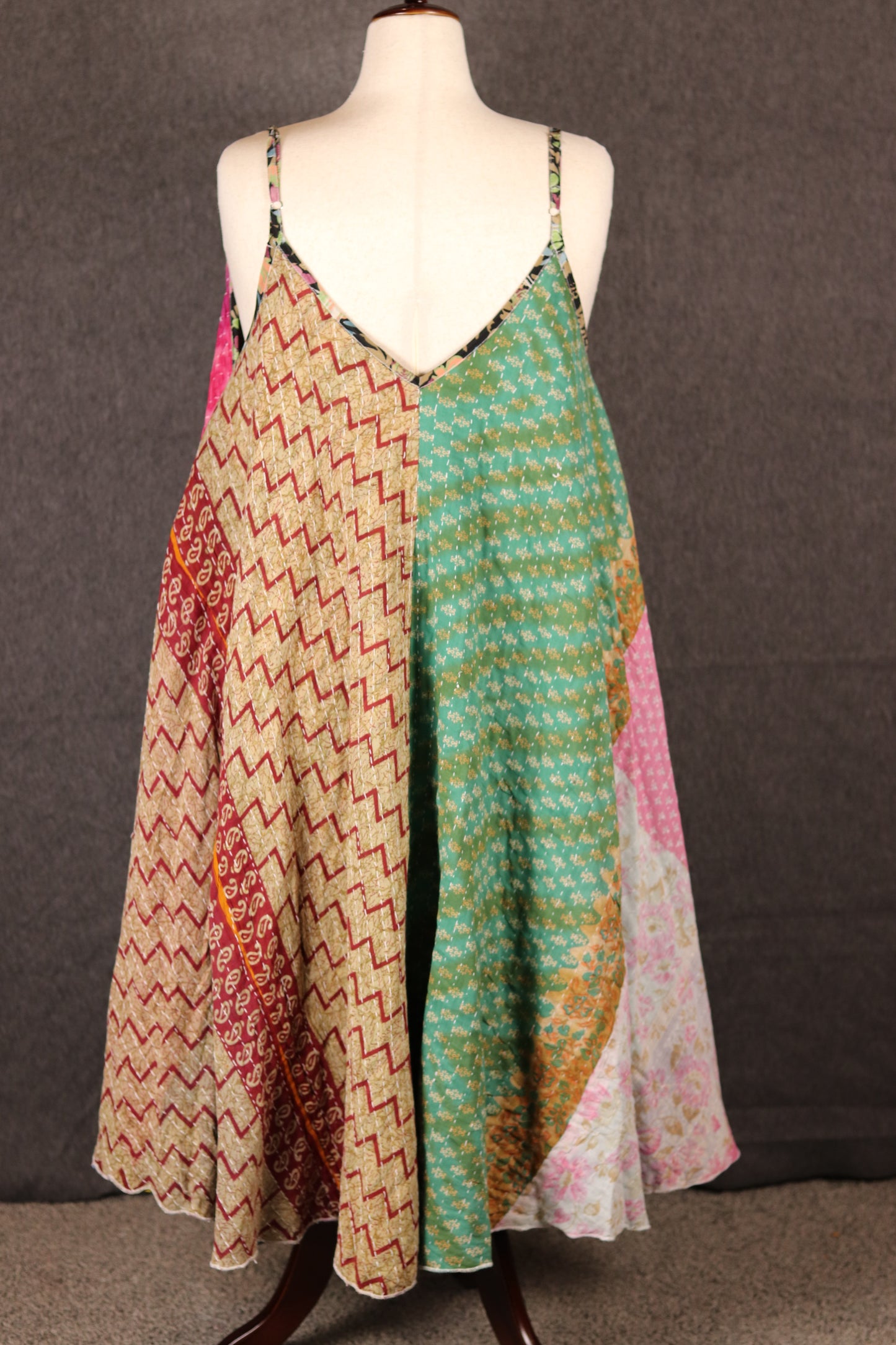 Back view of Sora Kantha boho patchwork dress, made from recycled saris with Kantha stitching.