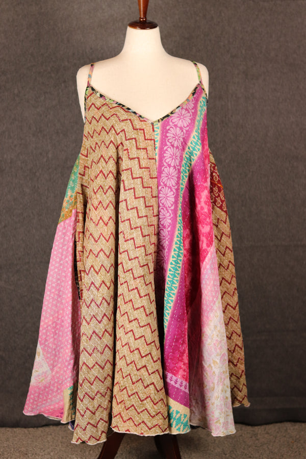 Bohemian Sora Kantha dress with flowing patchwork design, free-size fit front view.
