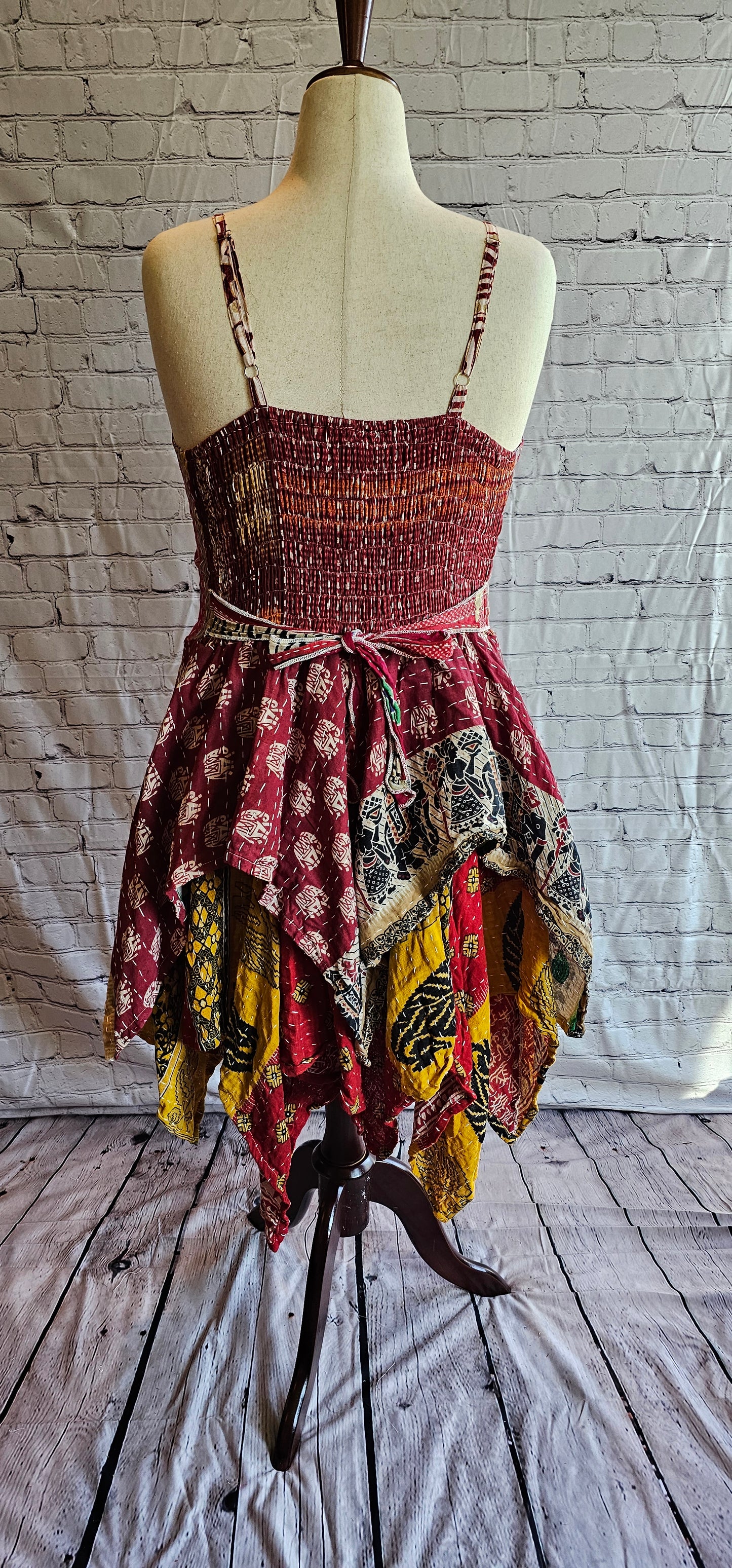Bohemian Kantha Krysta dress back, tiered skirt design with unique stitching.
