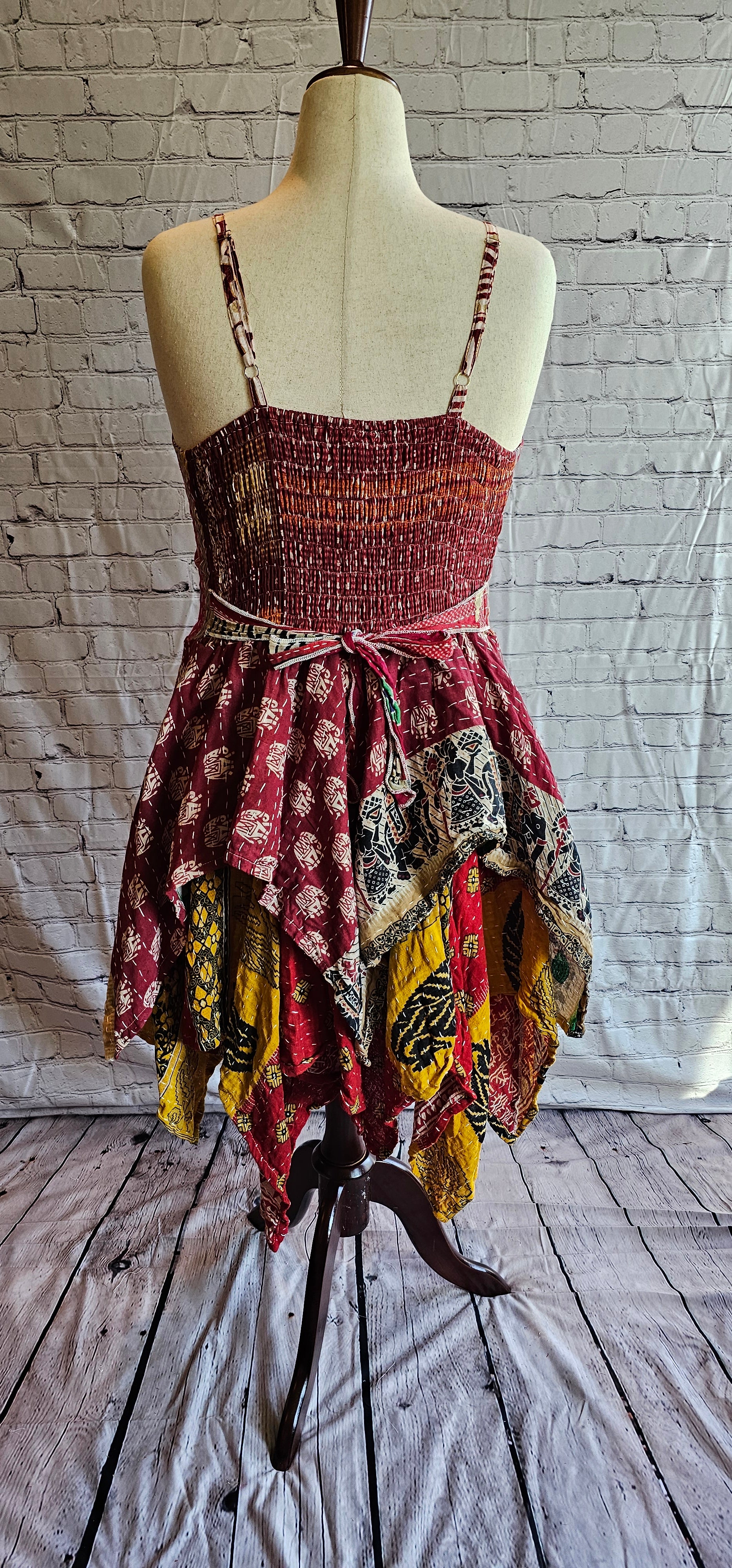 Bohemian Kantha Krysta dress back, tiered skirt design with unique stitching.