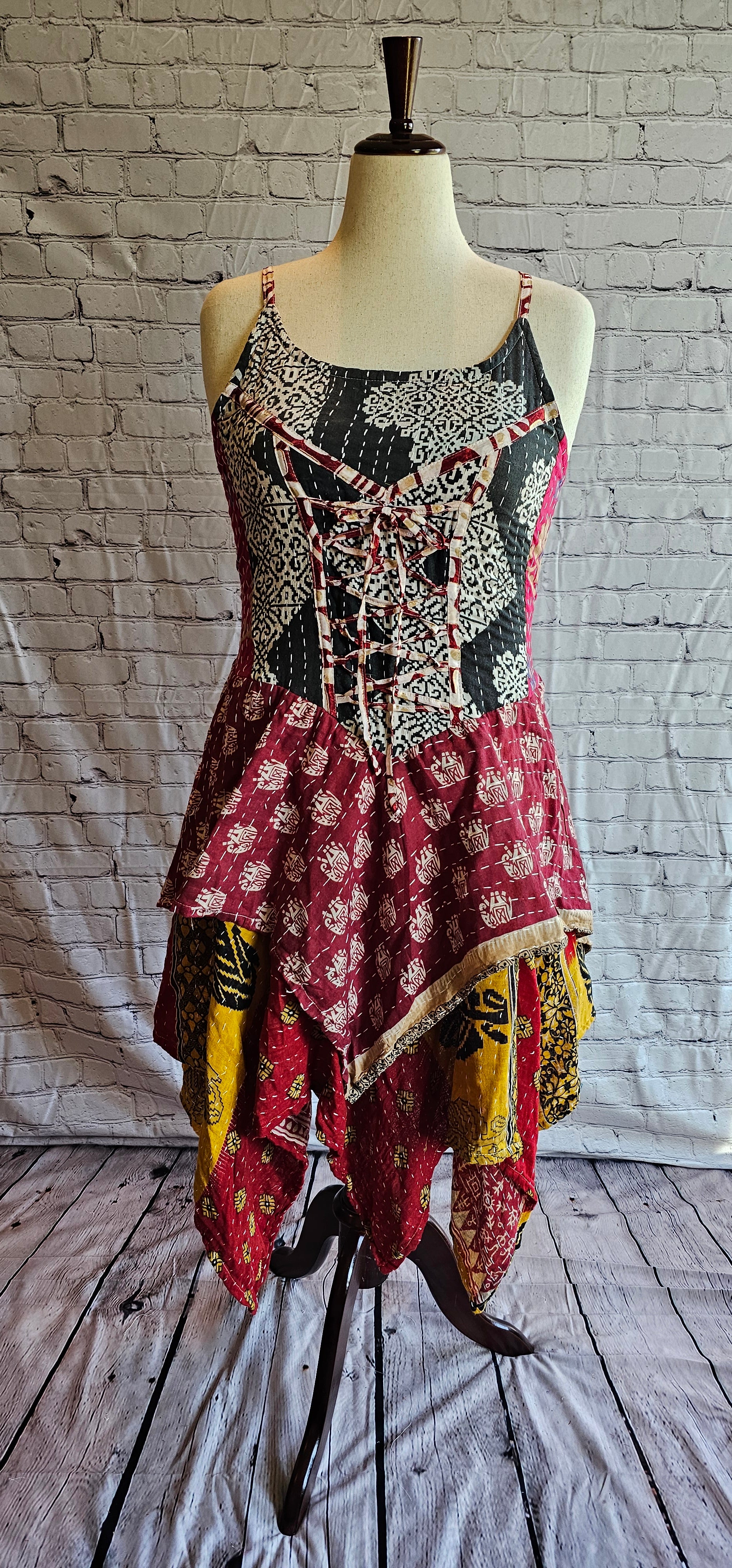 Bohemian Kantha Krysta dress front, tiered skirt patchwork design