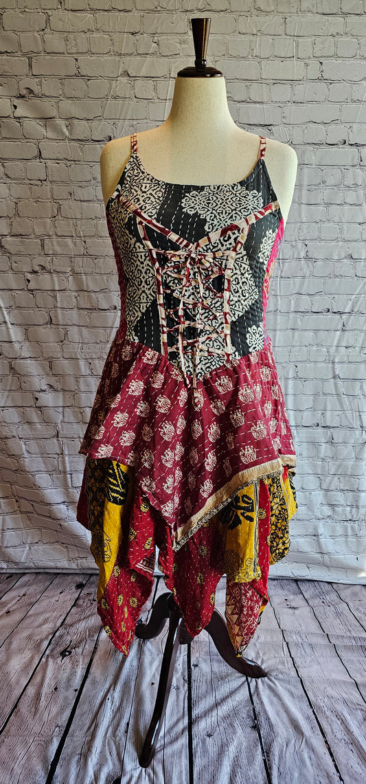Bohemian Kantha Krysta dress front, tiered skirt patchwork design