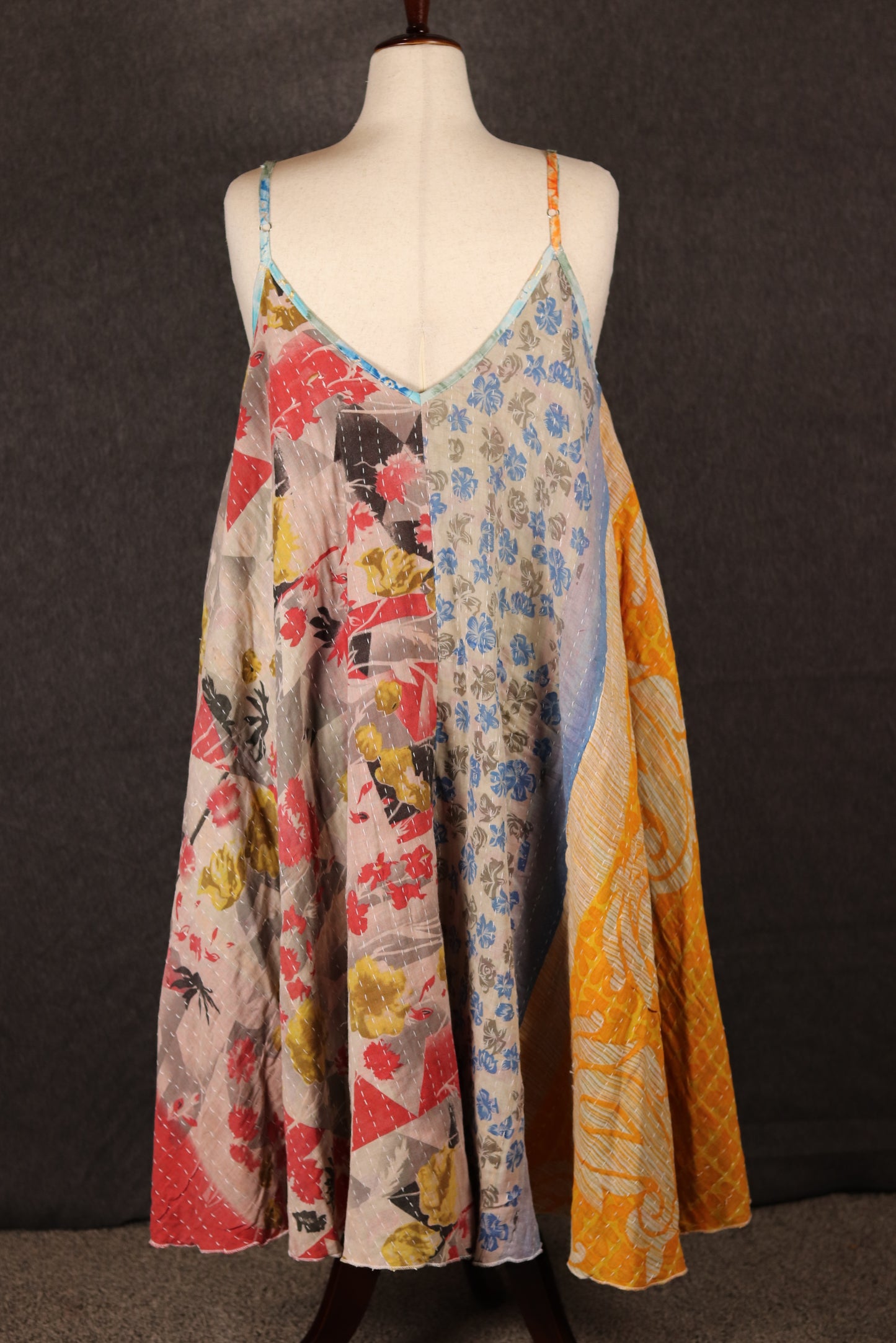 Sora Kantha dress back view, recycled sari patchwork with traditional Kantha embroidery.