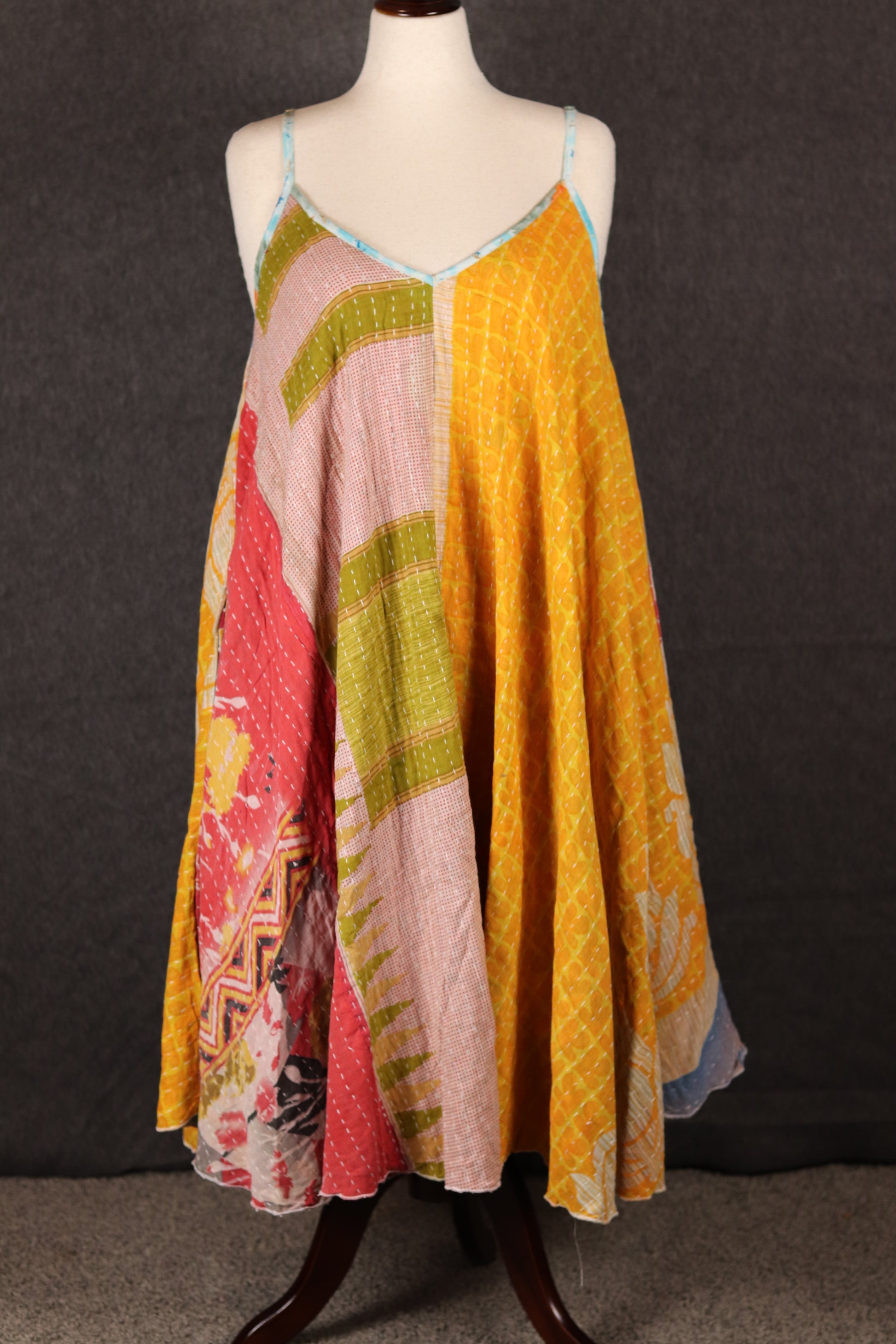Bohemian Sora Kantha dress with flowing patchwork design, free-size fit front view.
