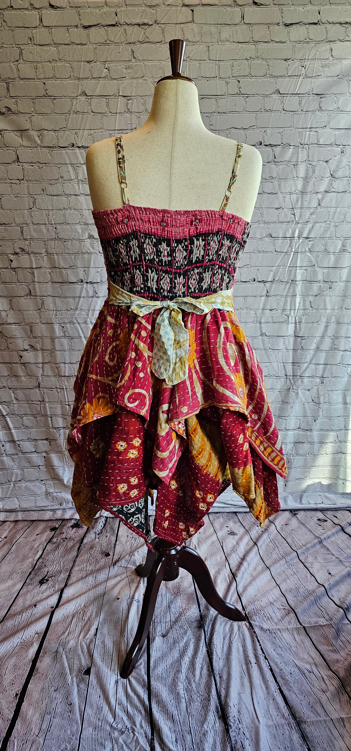 Krysta patchwork Kantha dress back view, one-of-a-kind boho fashion in handkerchief hem.
