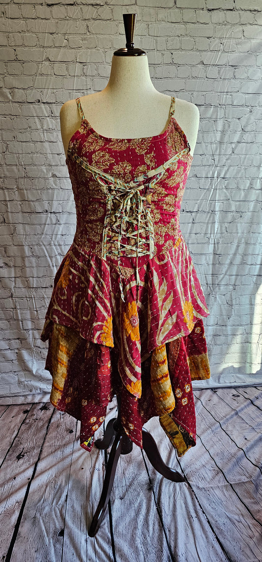 Krysta patchwork Kantha dress front view, sustainable boho style with flowing handkerchief hem.