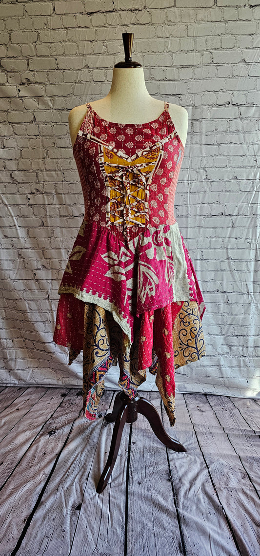 Front-facing image of Krysta boho Kantha dress, one-of-a-kind tiered skirt design.