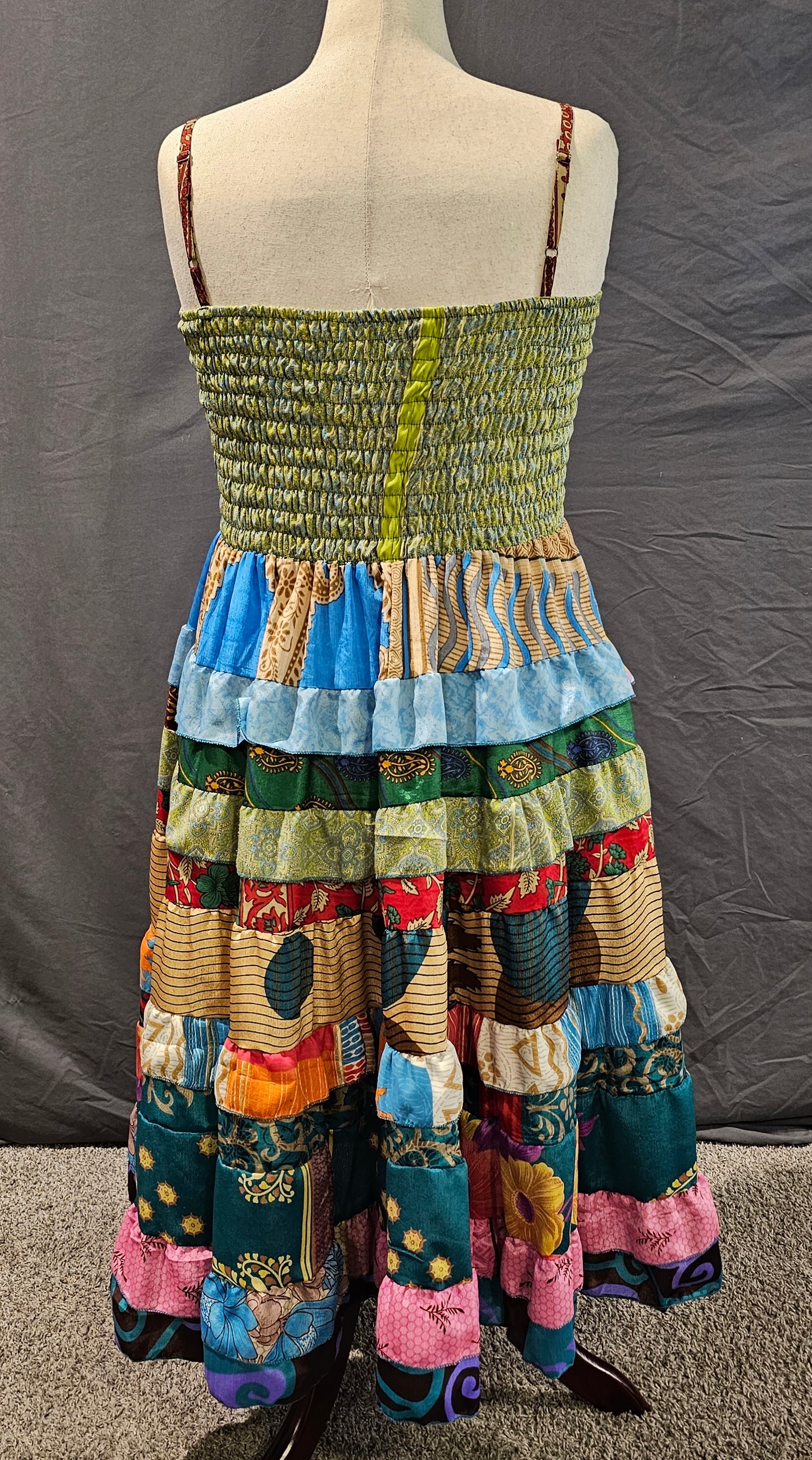 Bohemian recycled sari dress with flowing fit, handmade and one-of-a-kind.