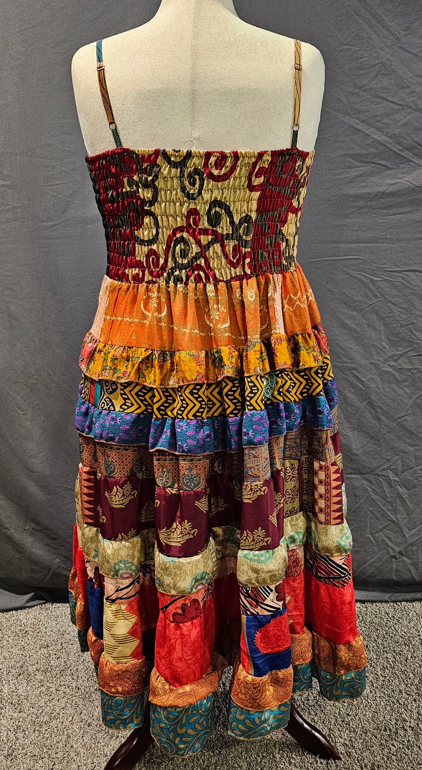 Meadowlark dress crafted from recycled saris, part of Wild Kantha’s sustainable sari and Kantha-inspired collection.