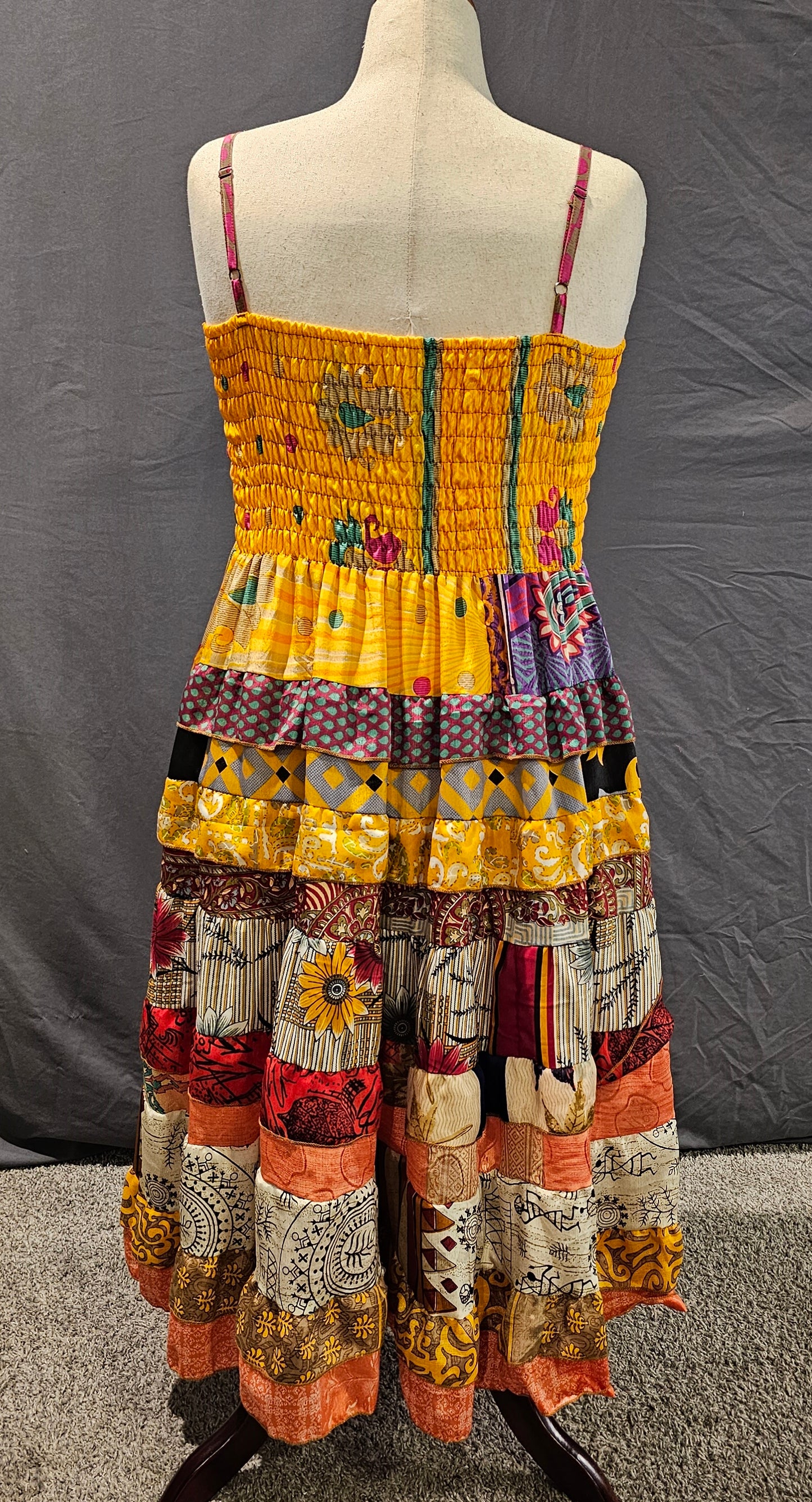 Eco-friendly boho fashion — Meadowlark recycled sari dress with unique patchwork design.