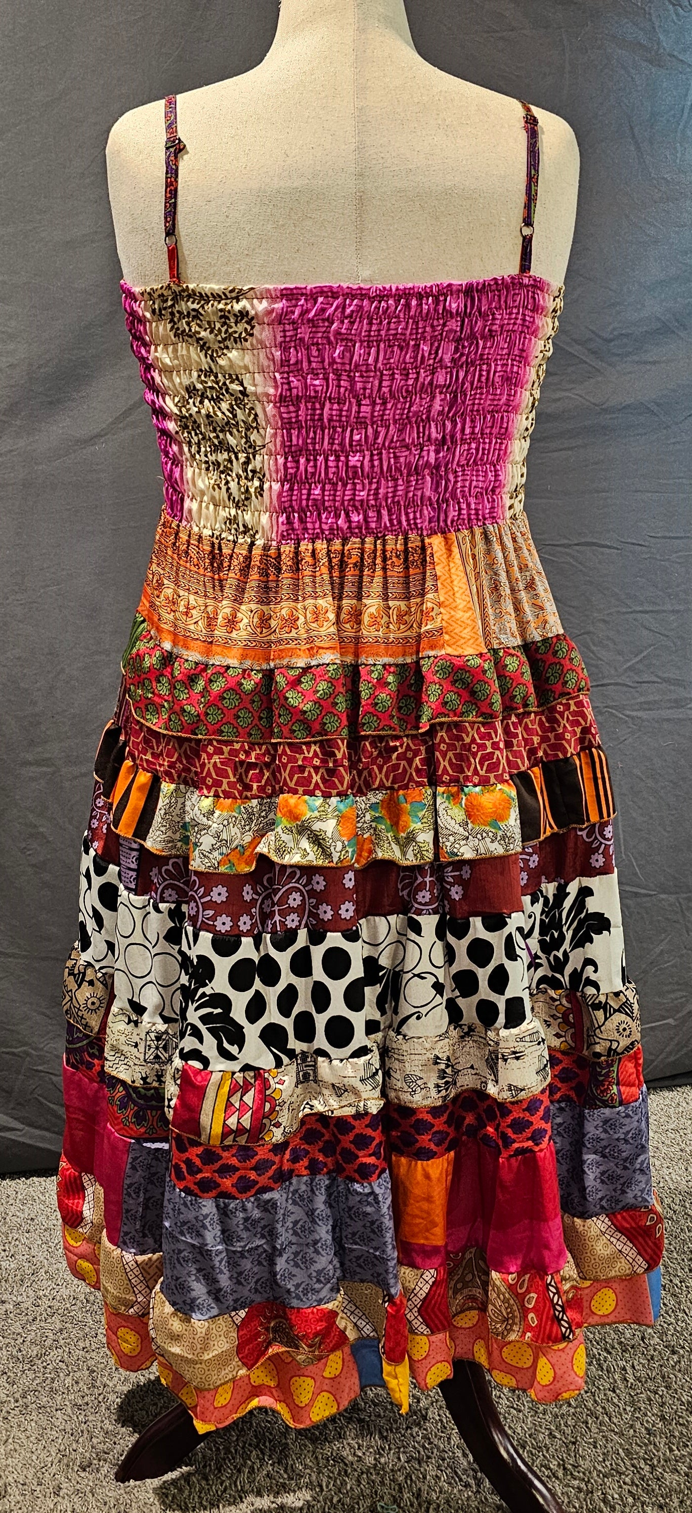 Boho maxi dress made from recycled sari, flowy and unique sustainable clothing.