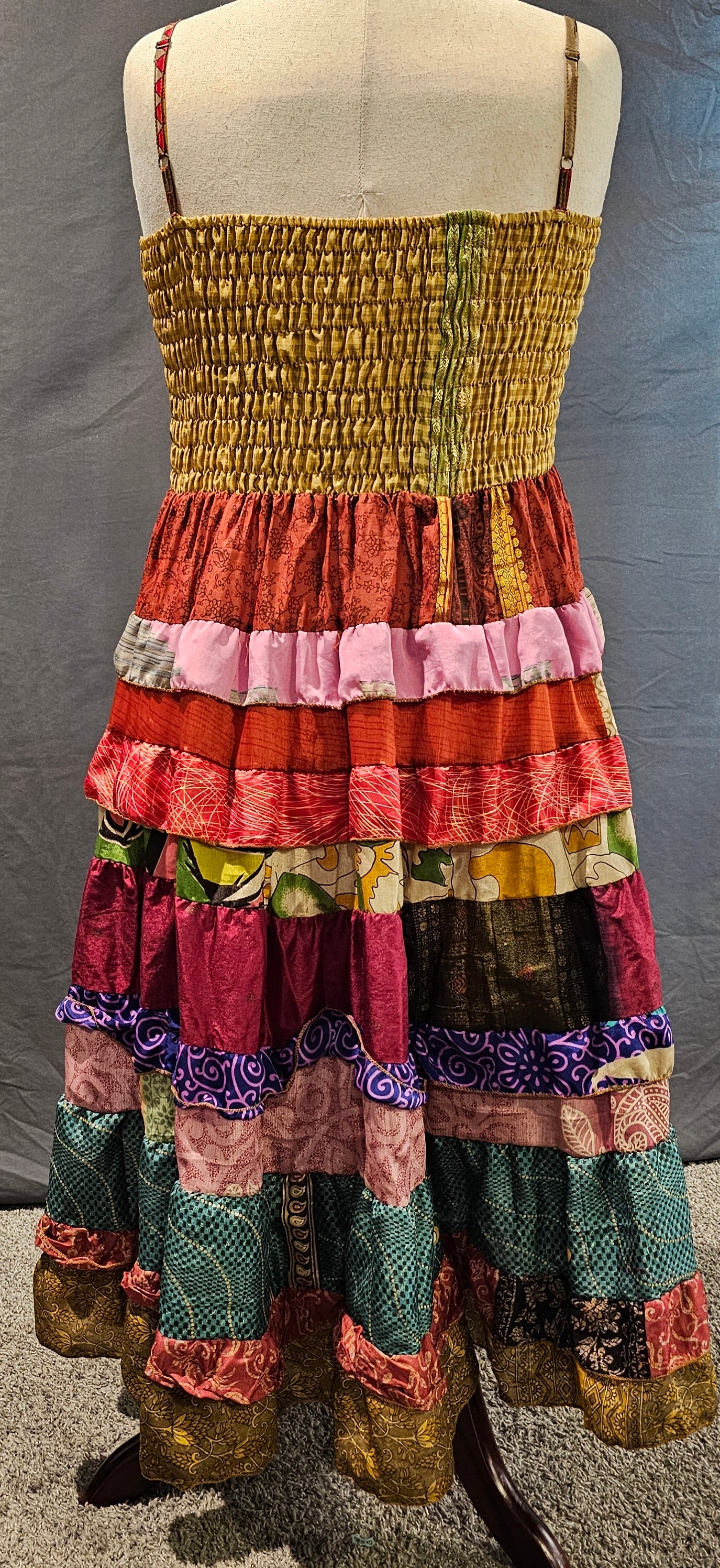 Bohemian sari dress with adaptable fit for pregnancy, postpartum, or body changes.