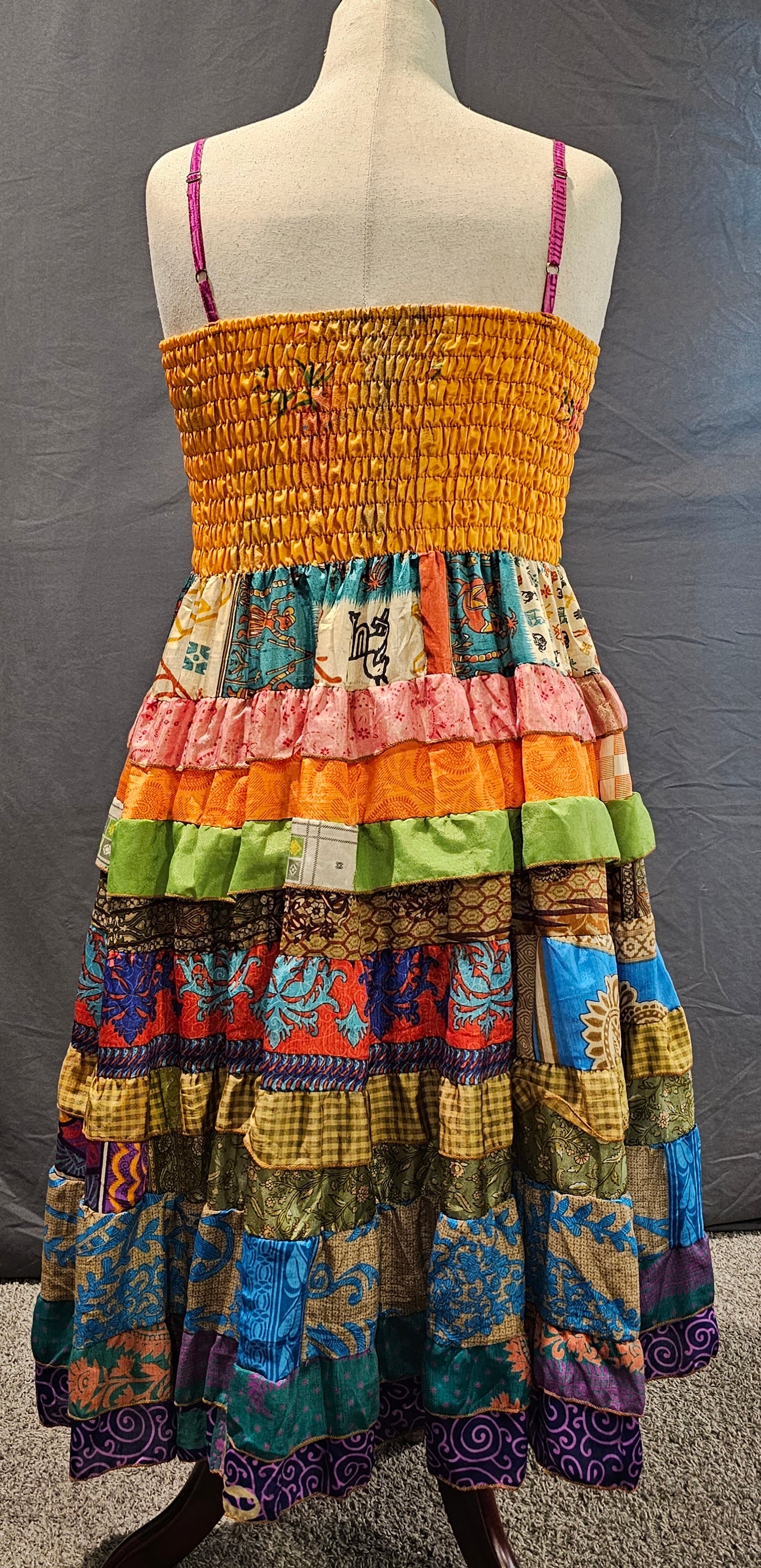 Upcycled boho sari dress, crafted as wearable art in Wild Kantha’s collection.