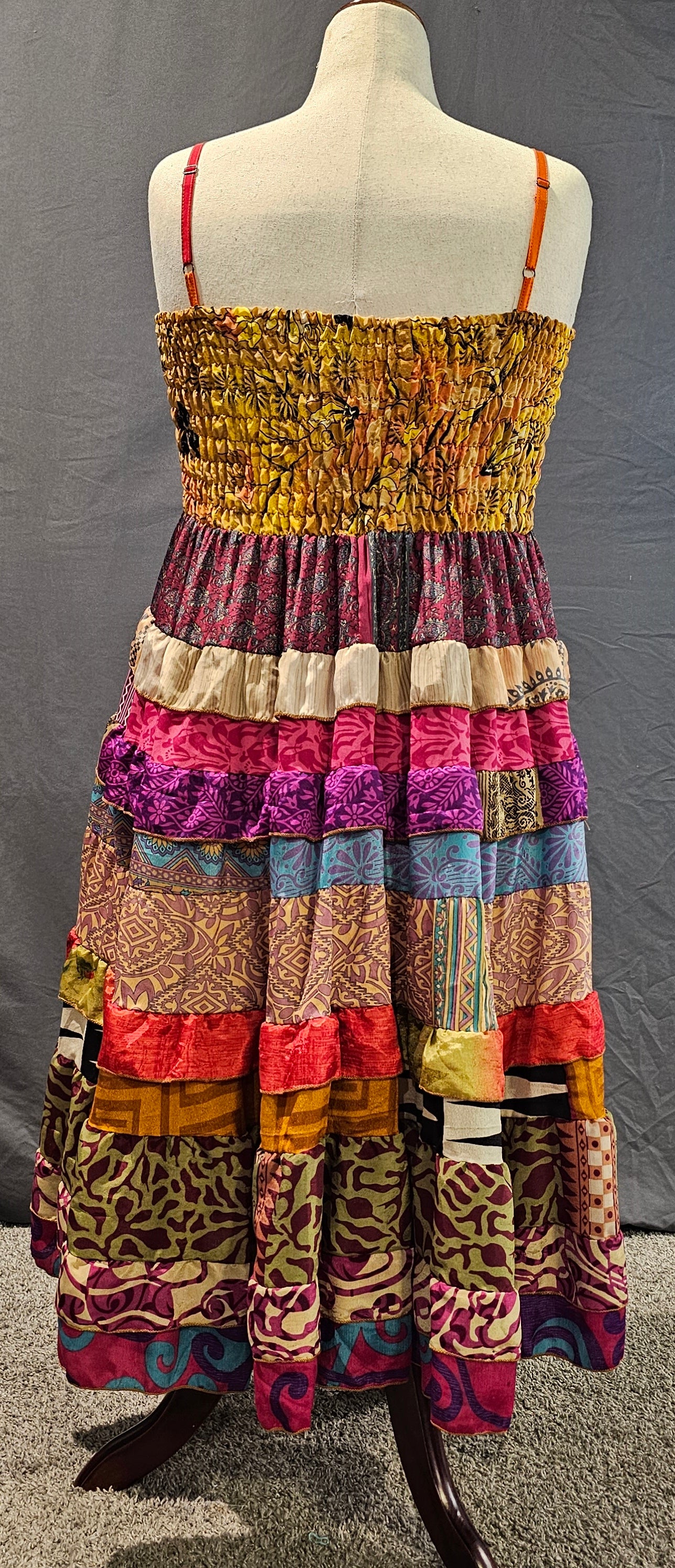 Bohemian sari dress back view showing patchwork detail.